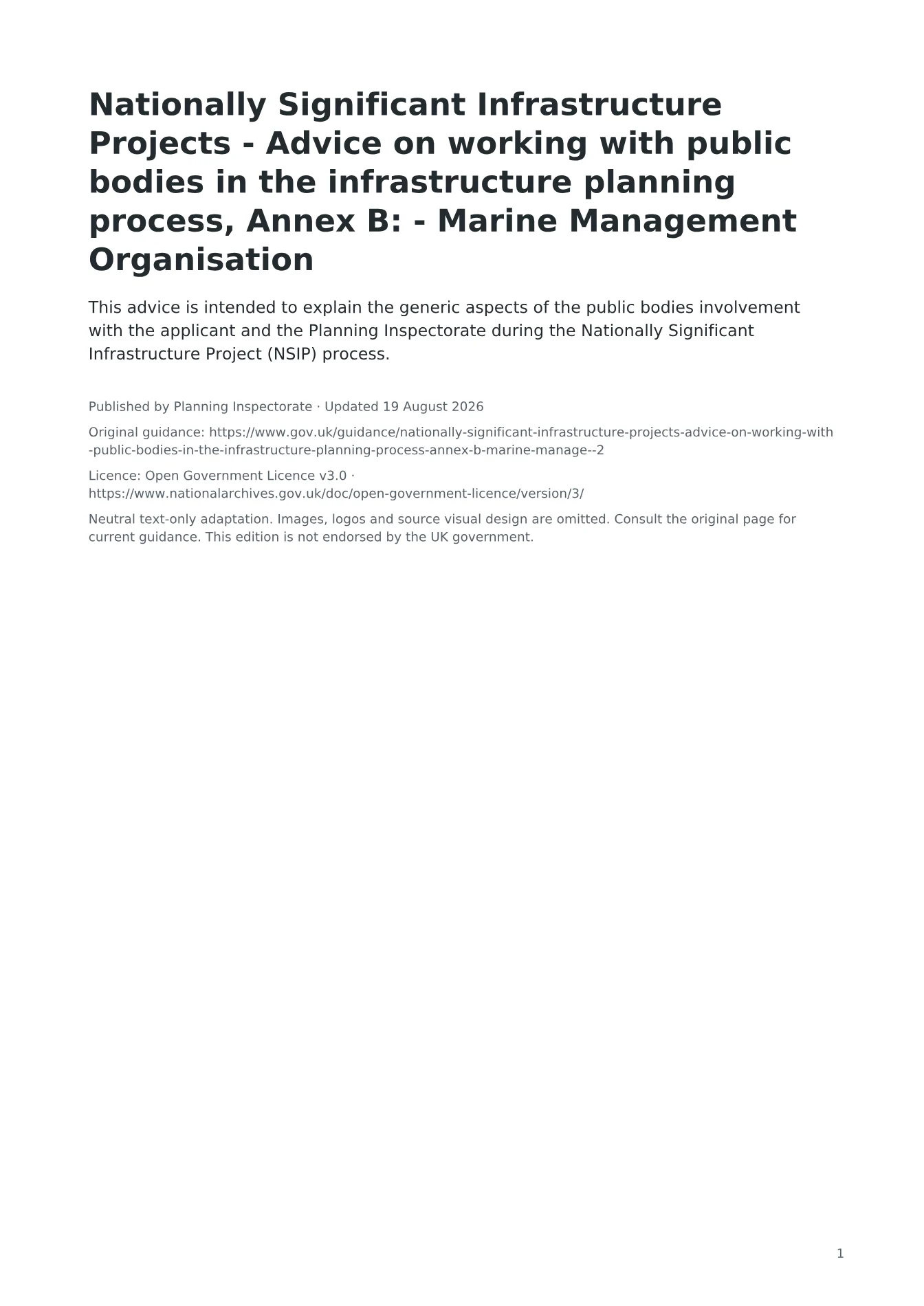 Cover of Nationally Significant Infrastructure Projects - Advice on working with public bodies in the infrastructure planning process, Annex B: - Marine Management Organisation