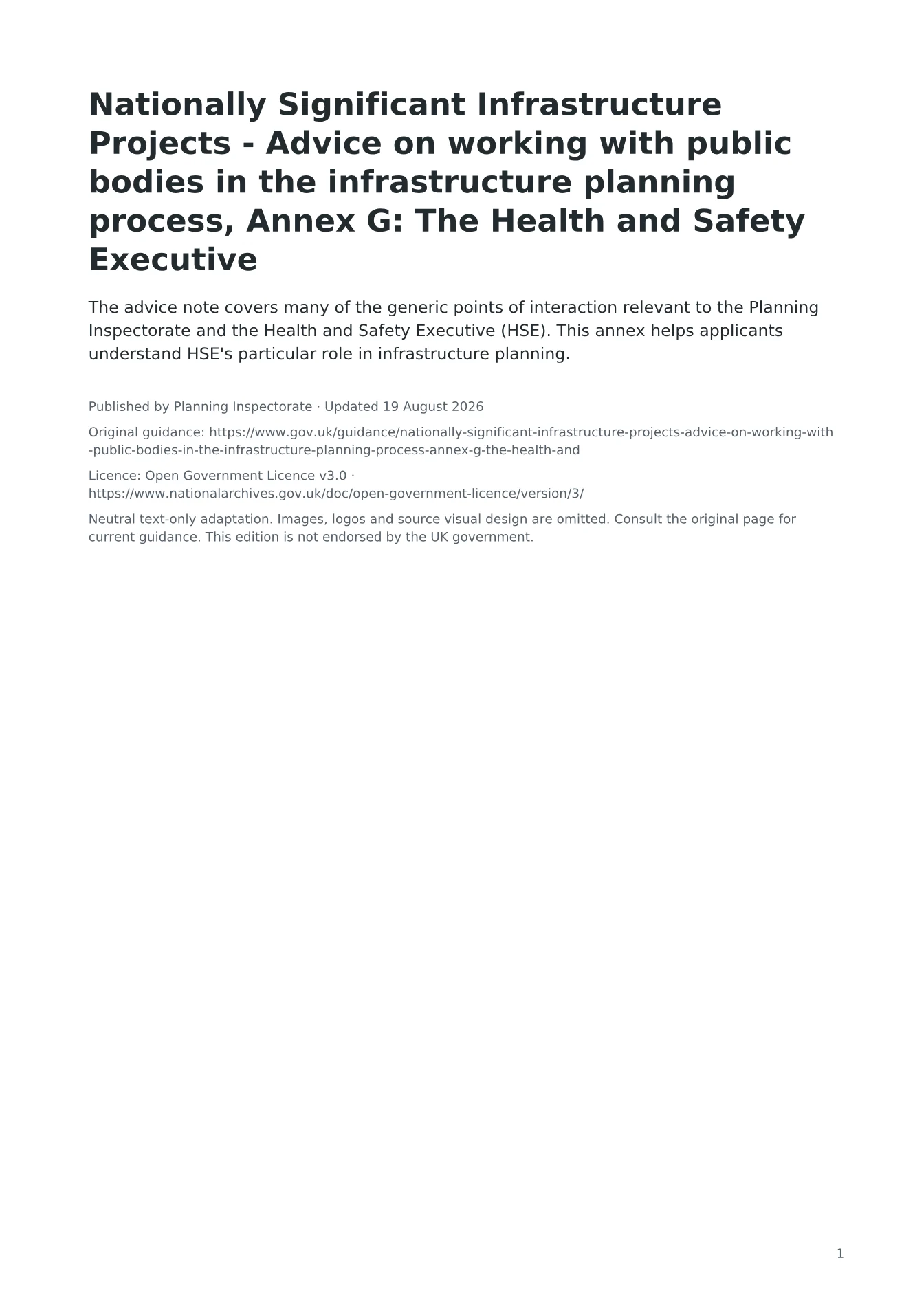 Cover of Nationally Significant Infrastructure Projects - Advice on working with public bodies in the infrastructure planning process, Annex G: The Health and Safety Executive