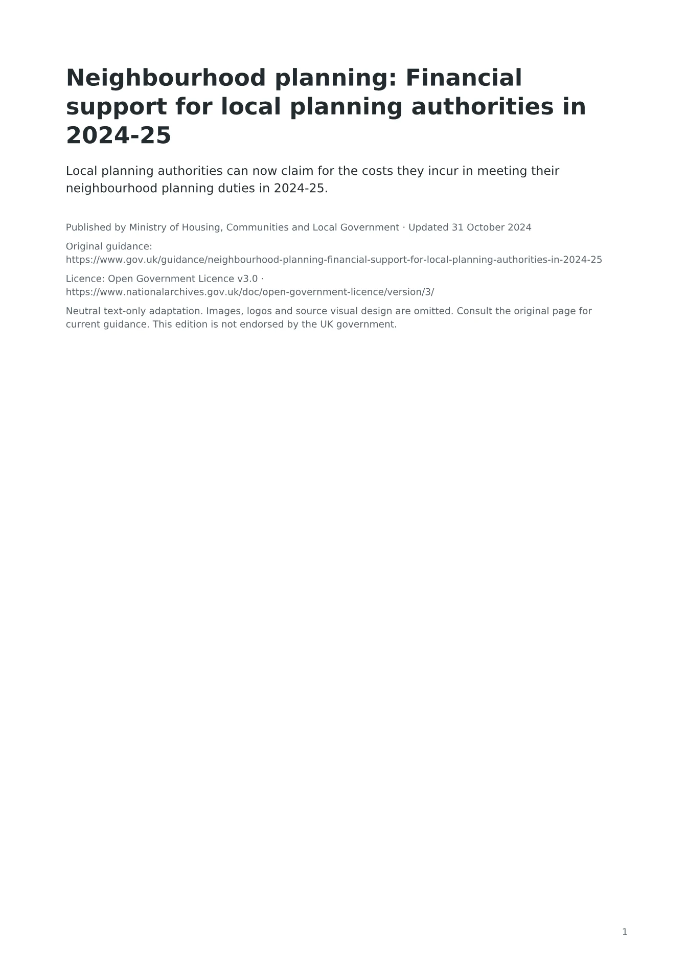Cover of Neighbourhood planning: Financial support for local planning authorities in 2024-25