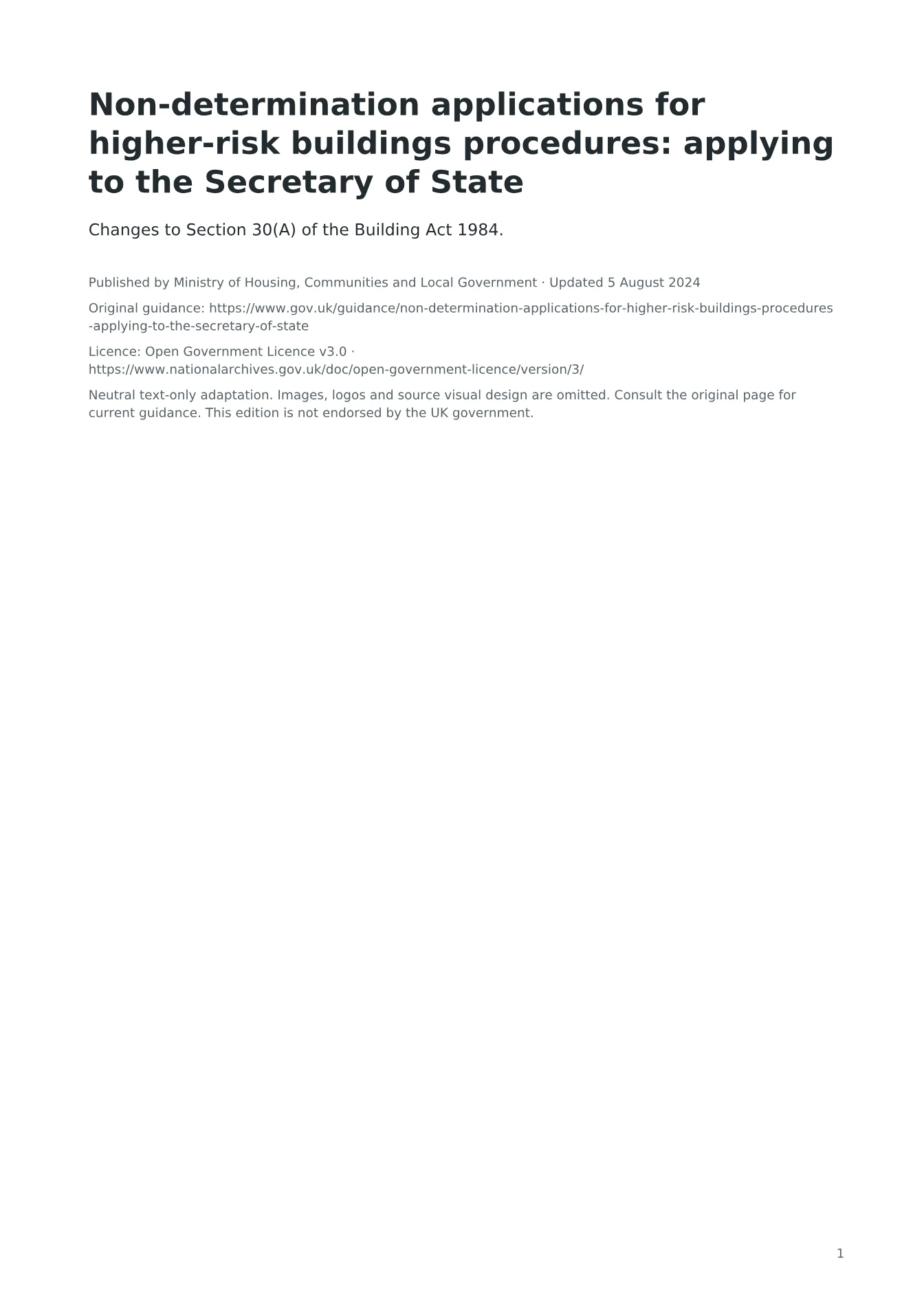 Cover of Non-determination applications for higher-risk buildings procedures: applying to the Secretary of State
