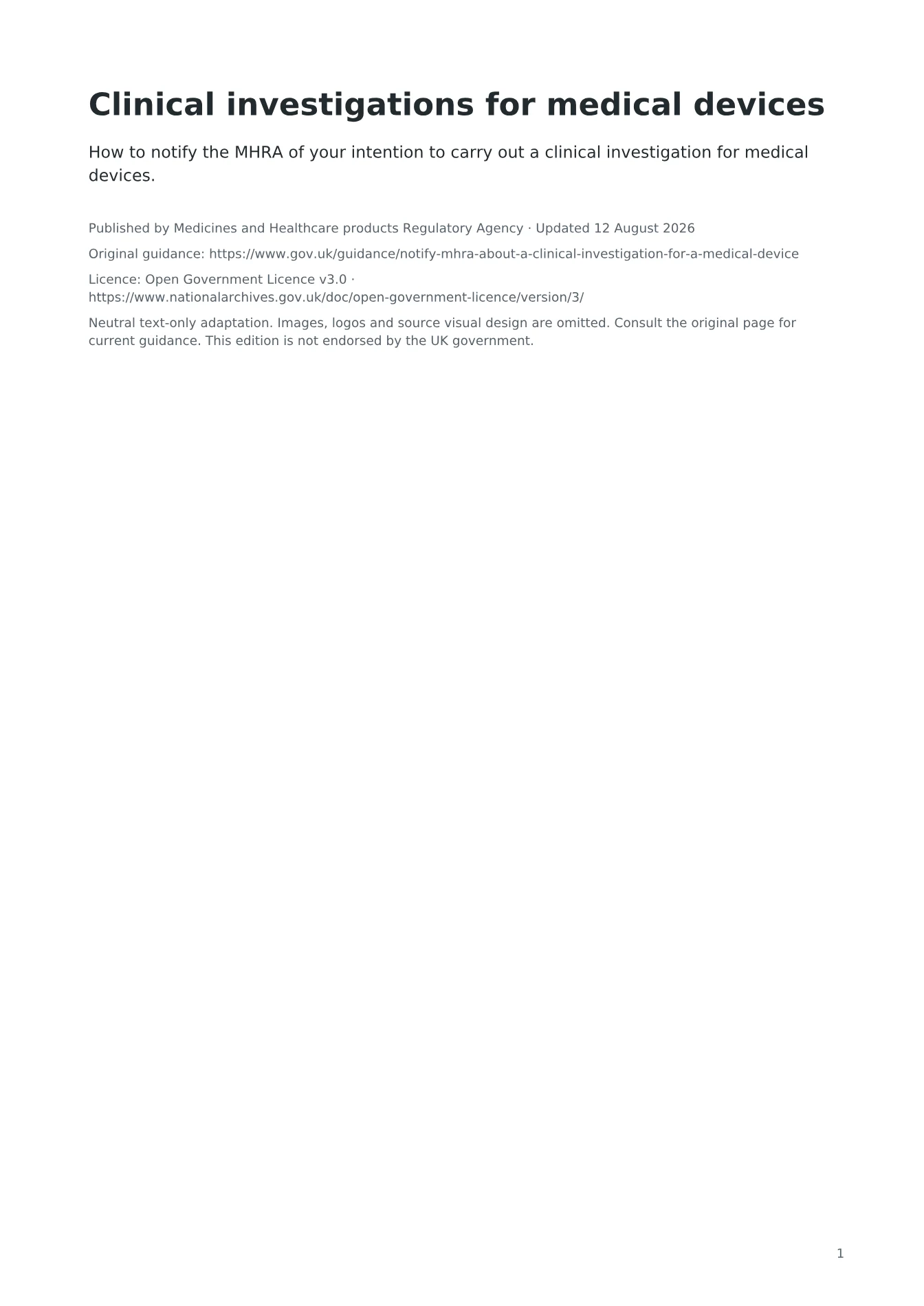 Cover of Clinical investigations for medical devices