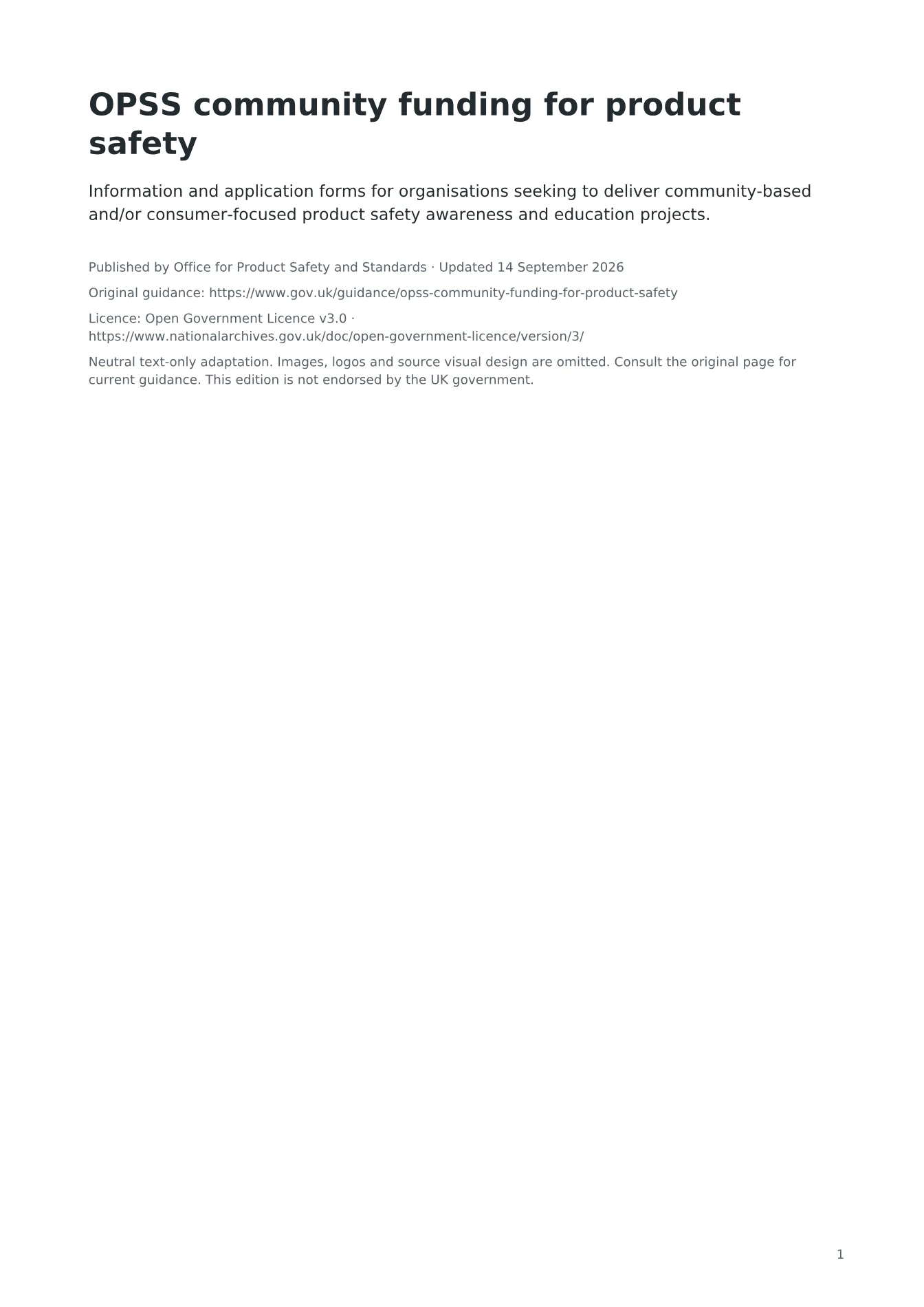 Cover of OPSS community funding for product safety