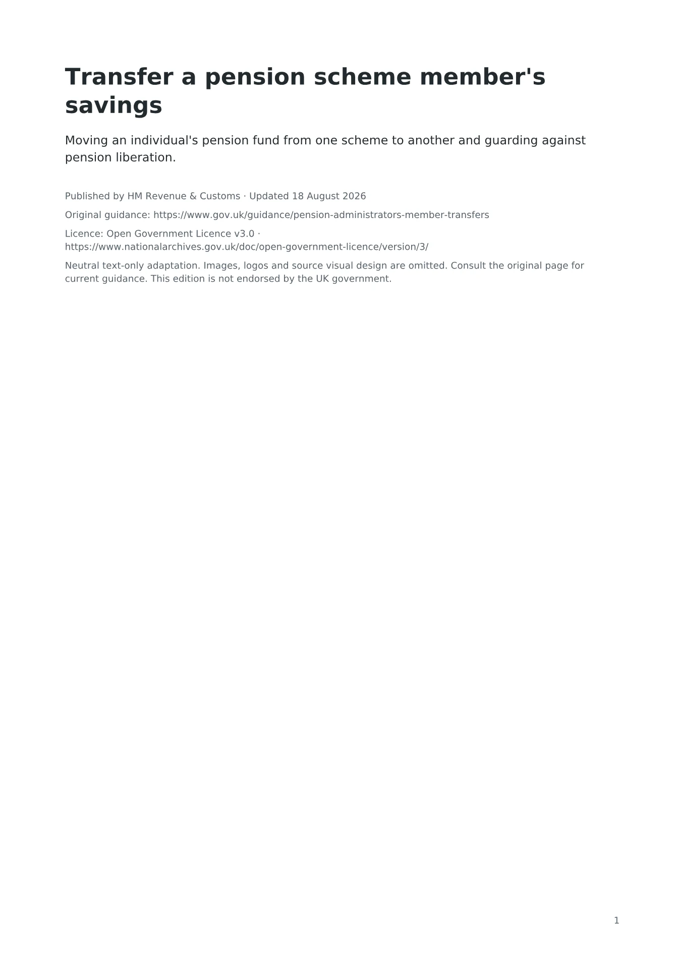 Cover of Transfer a pension scheme member's savings