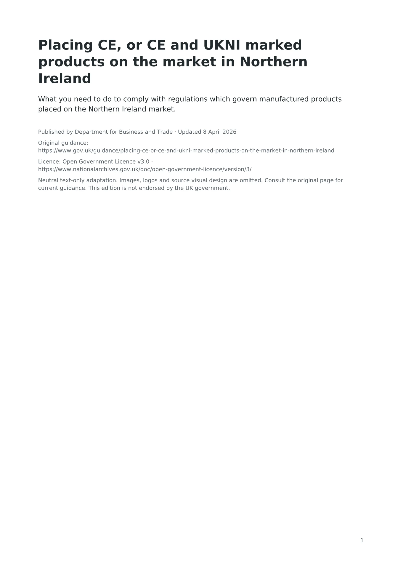 Cover of Placing CE, or CE and UKNI marked products on the market in Northern Ireland