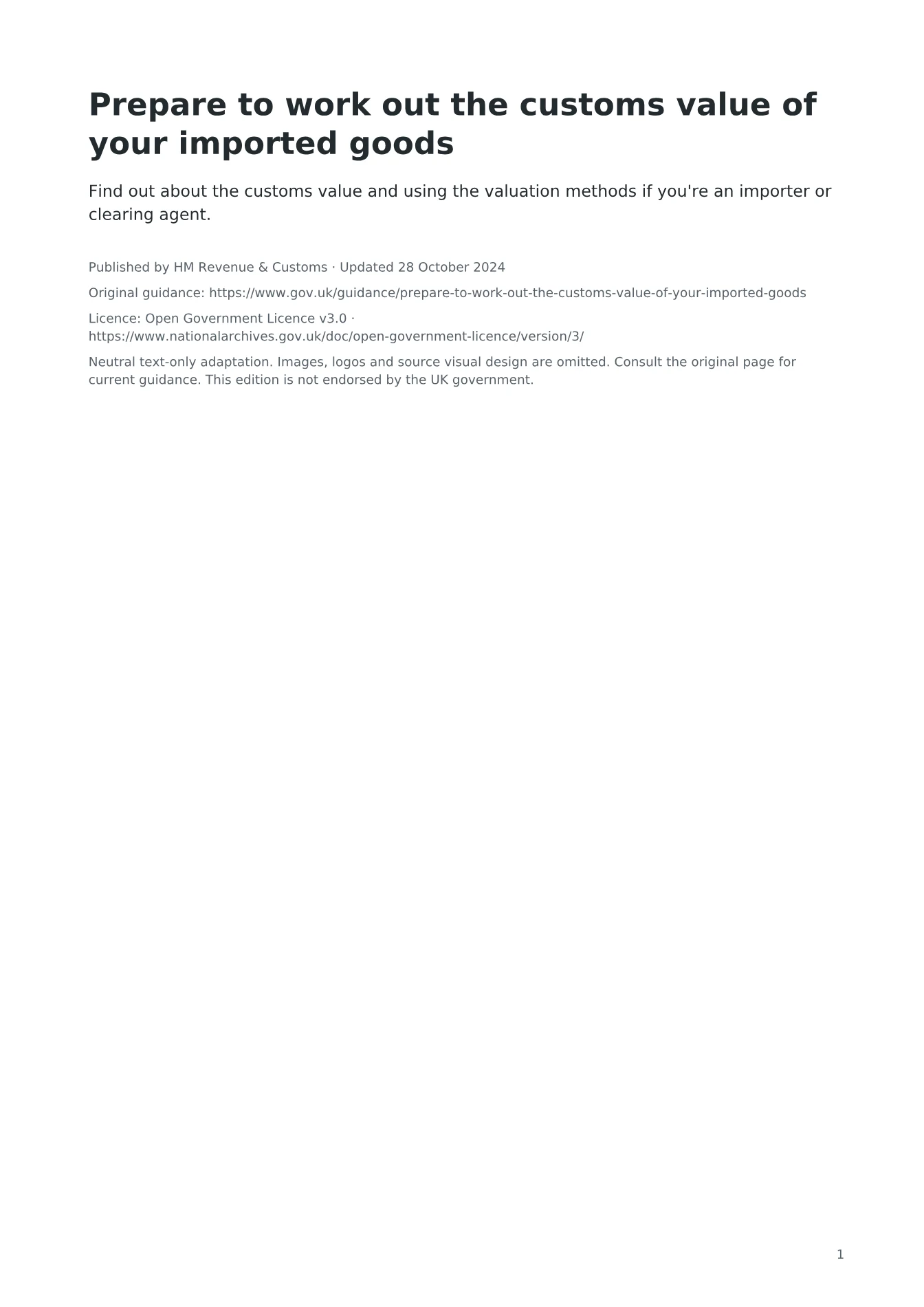 Cover of Prepare to work out the customs value of your imported goods