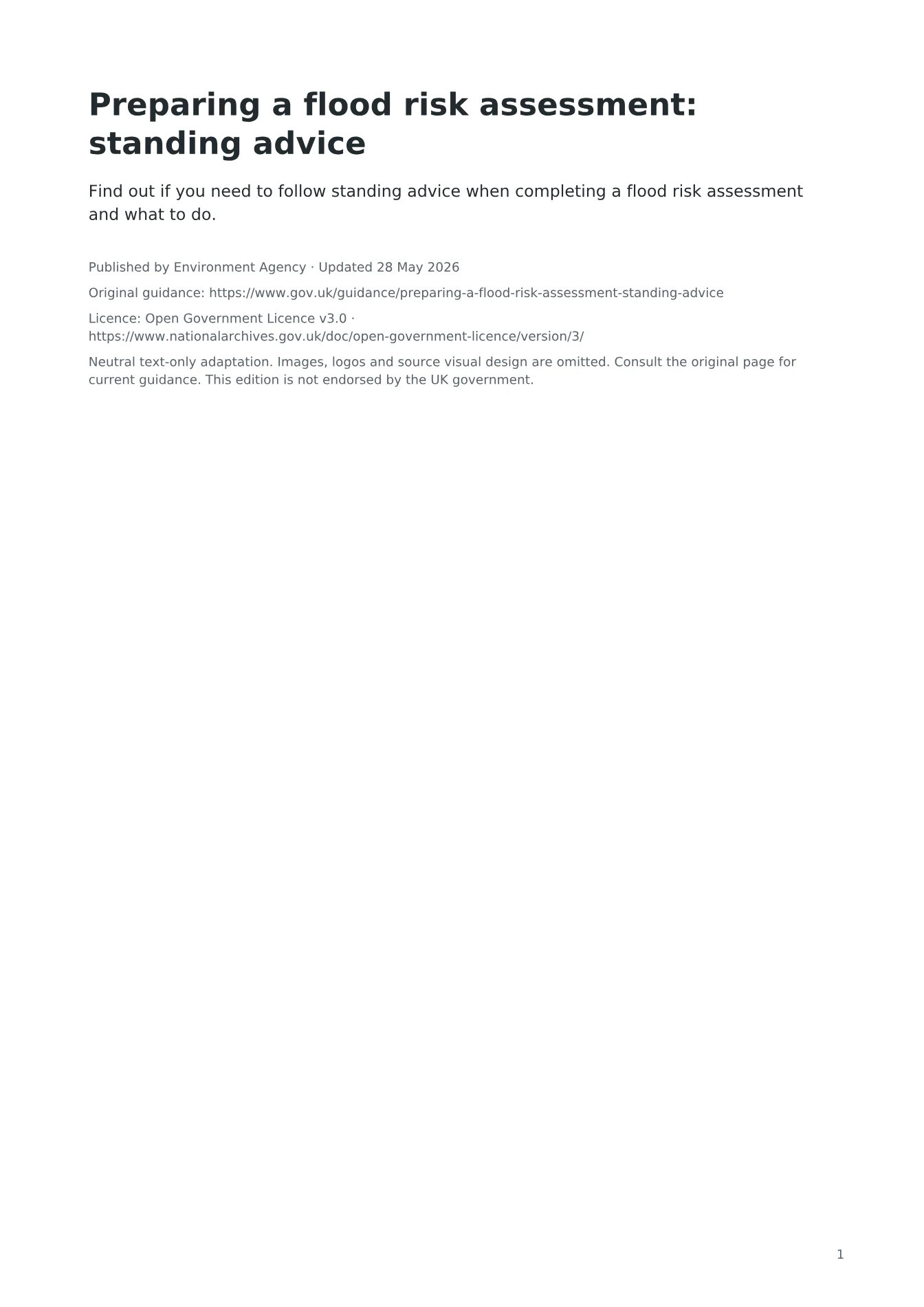Cover of Preparing a flood risk assessment: standing advice