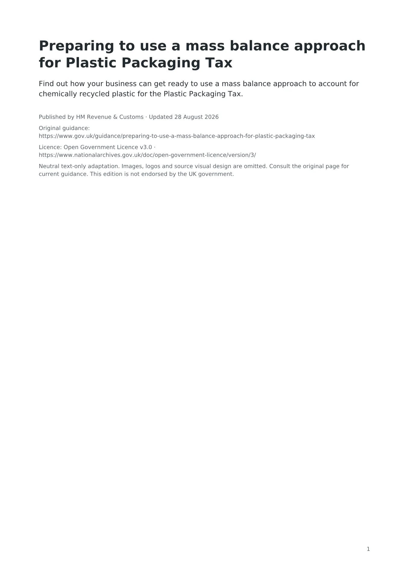 Cover of Preparing to use a mass balance approach for Plastic Packaging Tax