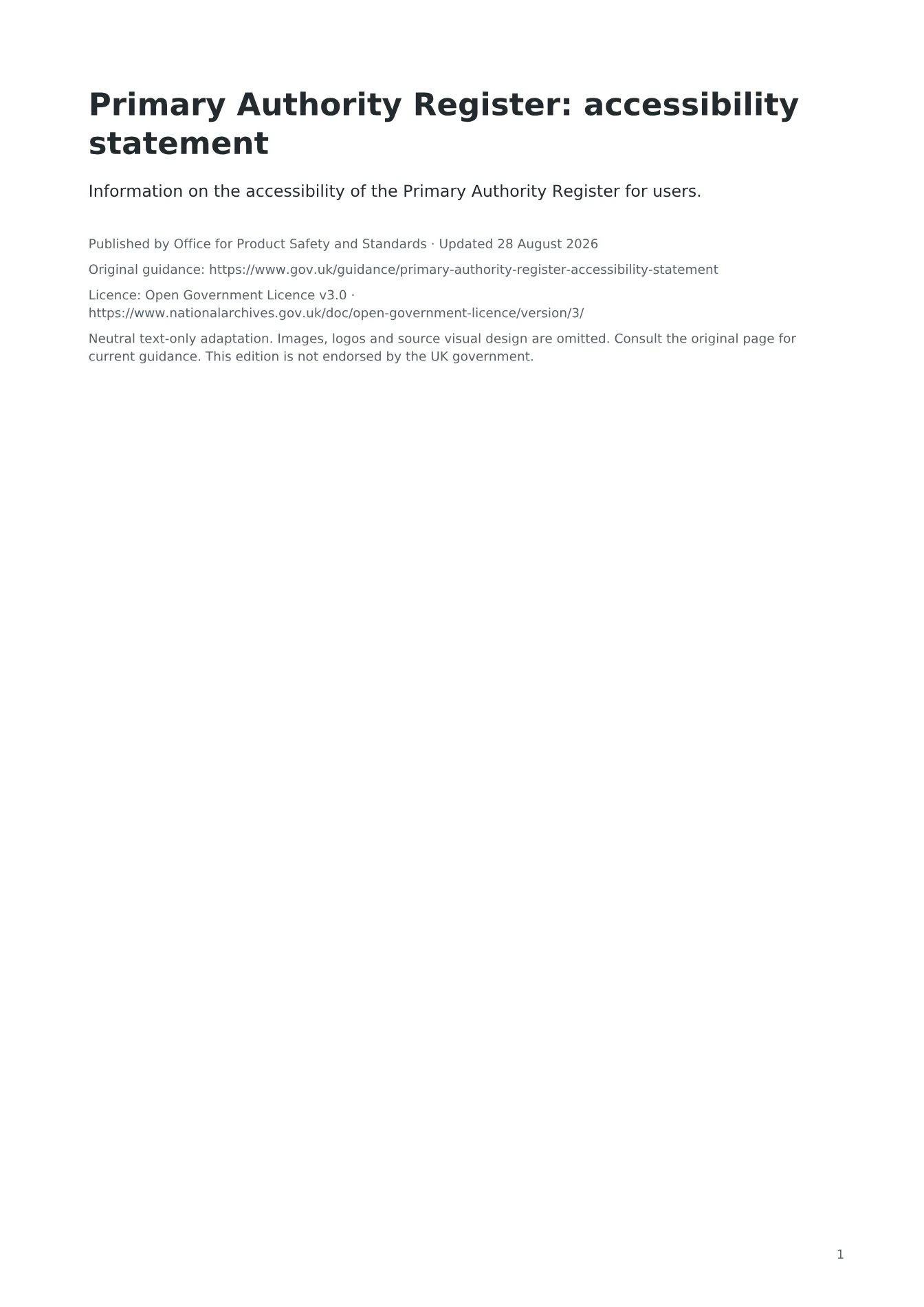 Cover of Primary Authority Register: accessibility statement