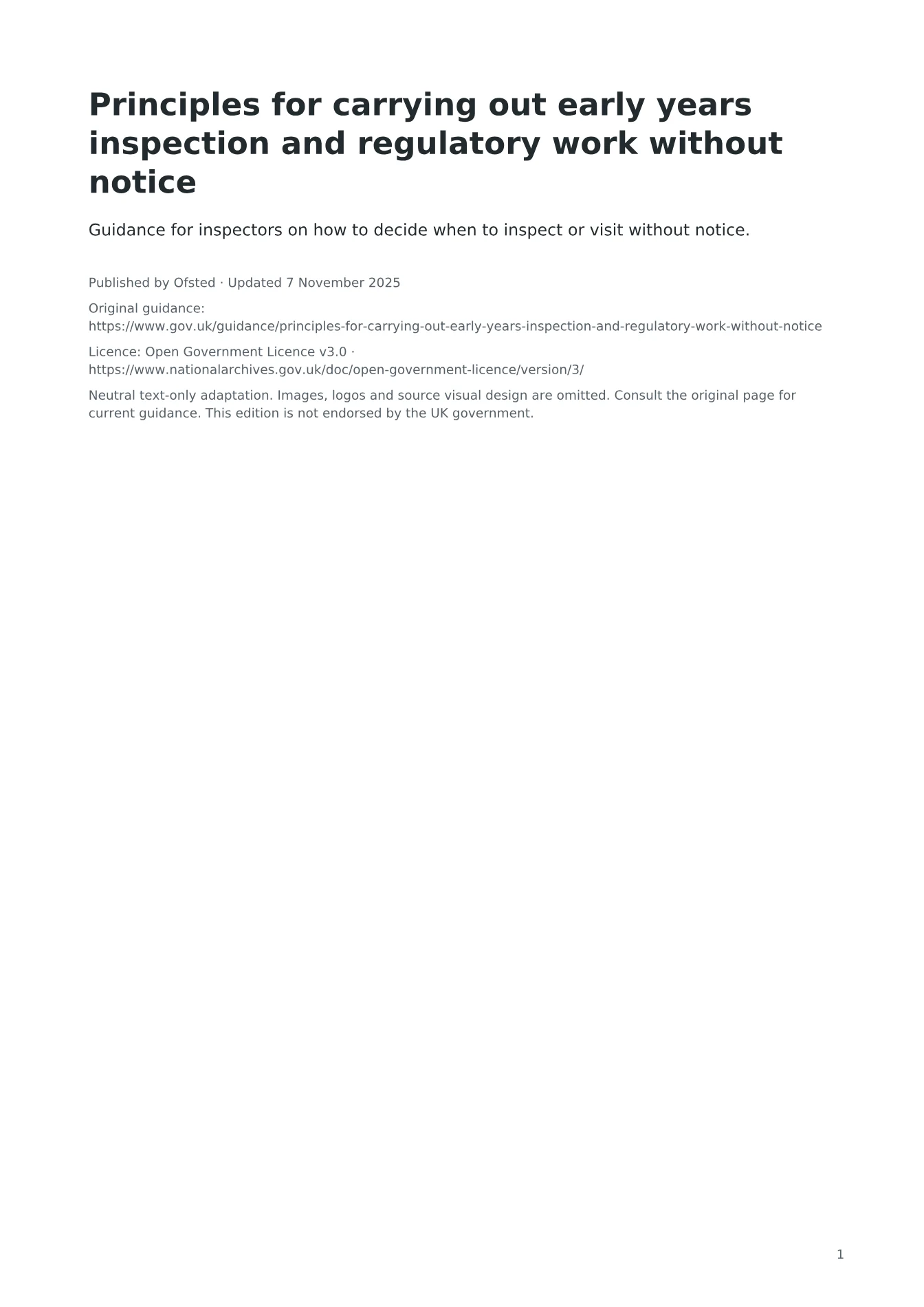 Cover of Principles for carrying out early years inspection and regulatory work without notice