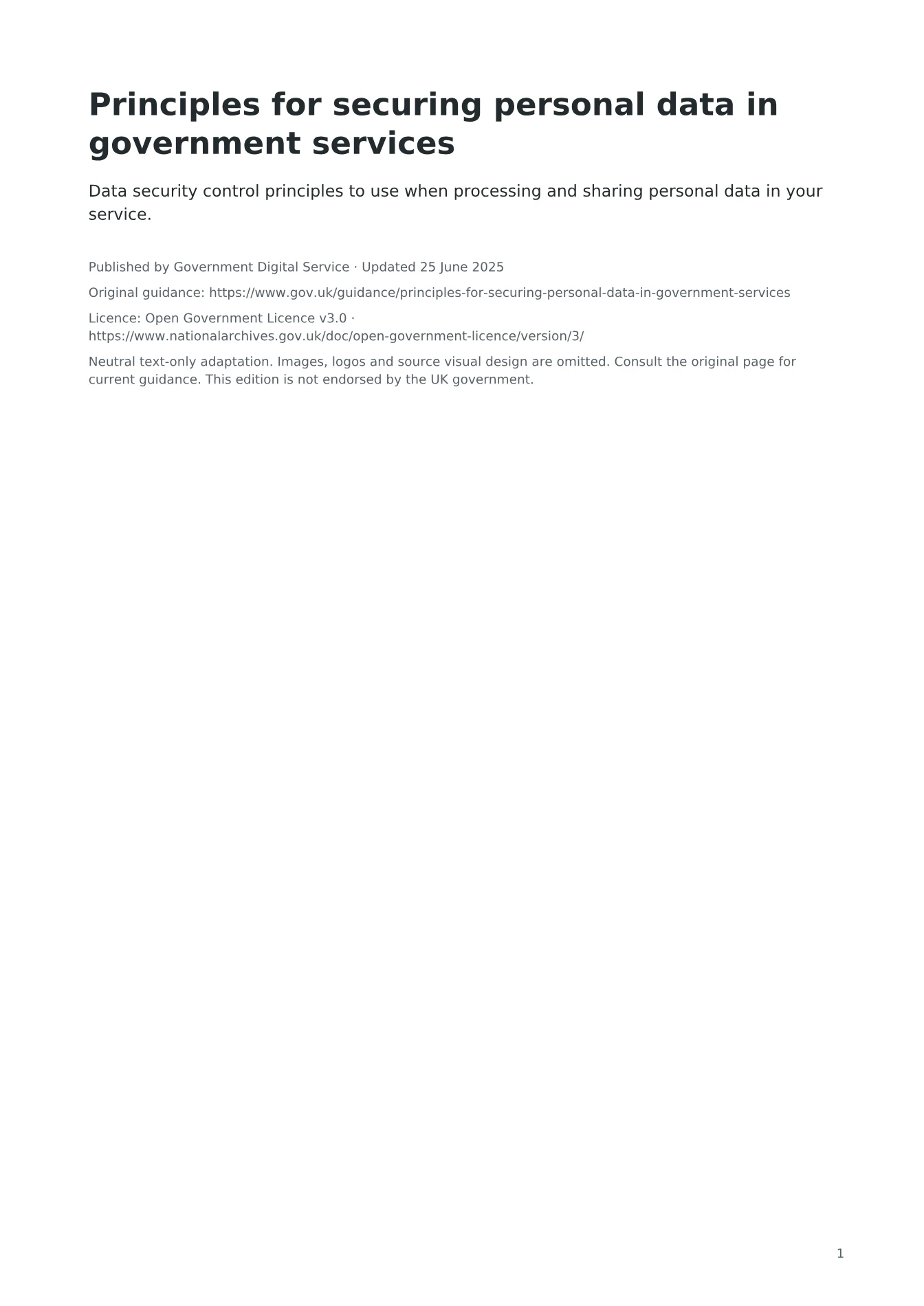 Cover of Principles for securing personal data in government services