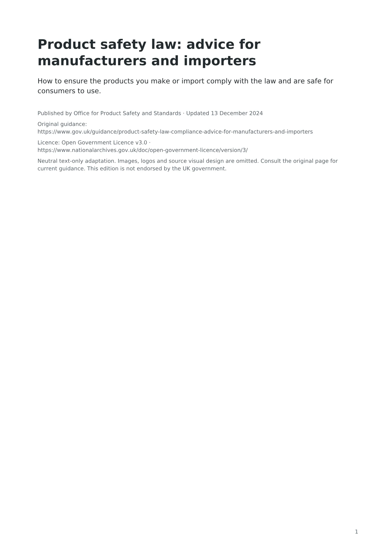 Cover of Product safety law: advice for manufacturers and importers