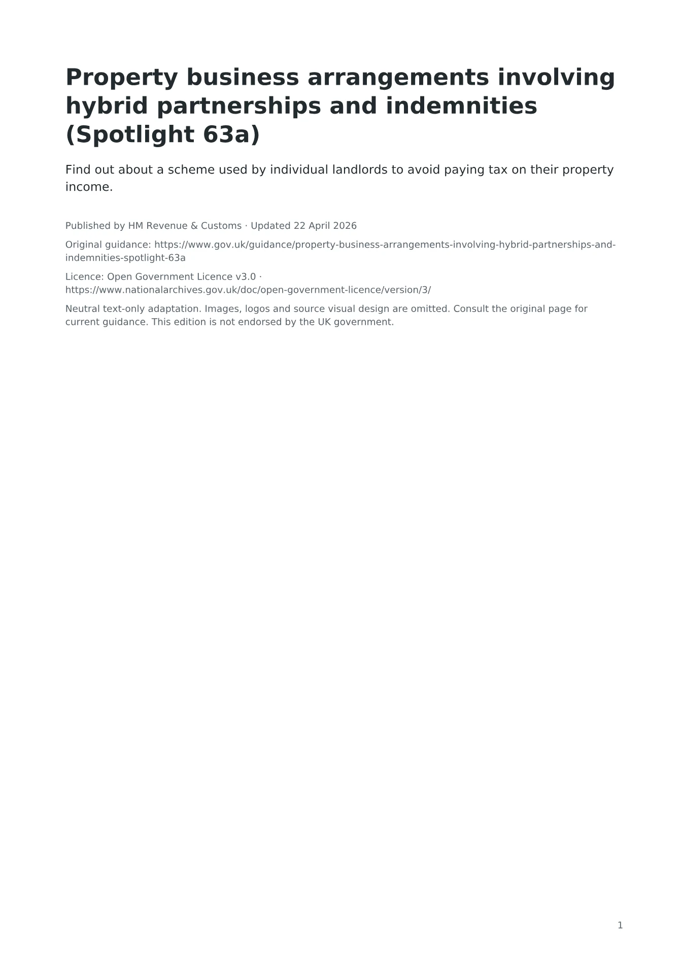Cover of Property business arrangements involving hybrid partnerships and indemnities (Spotlight 63a)