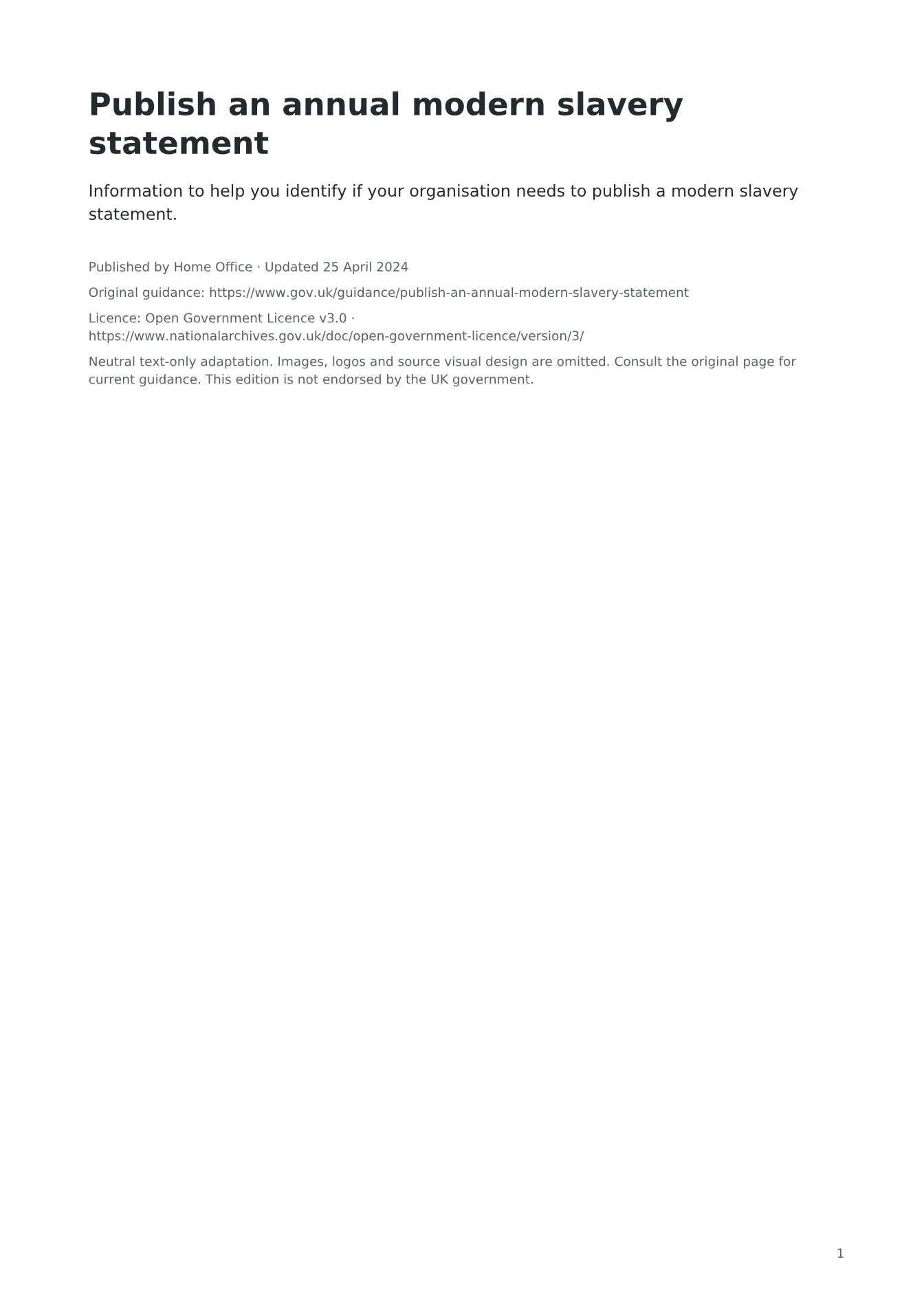 Cover of Publish an annual modern slavery statement