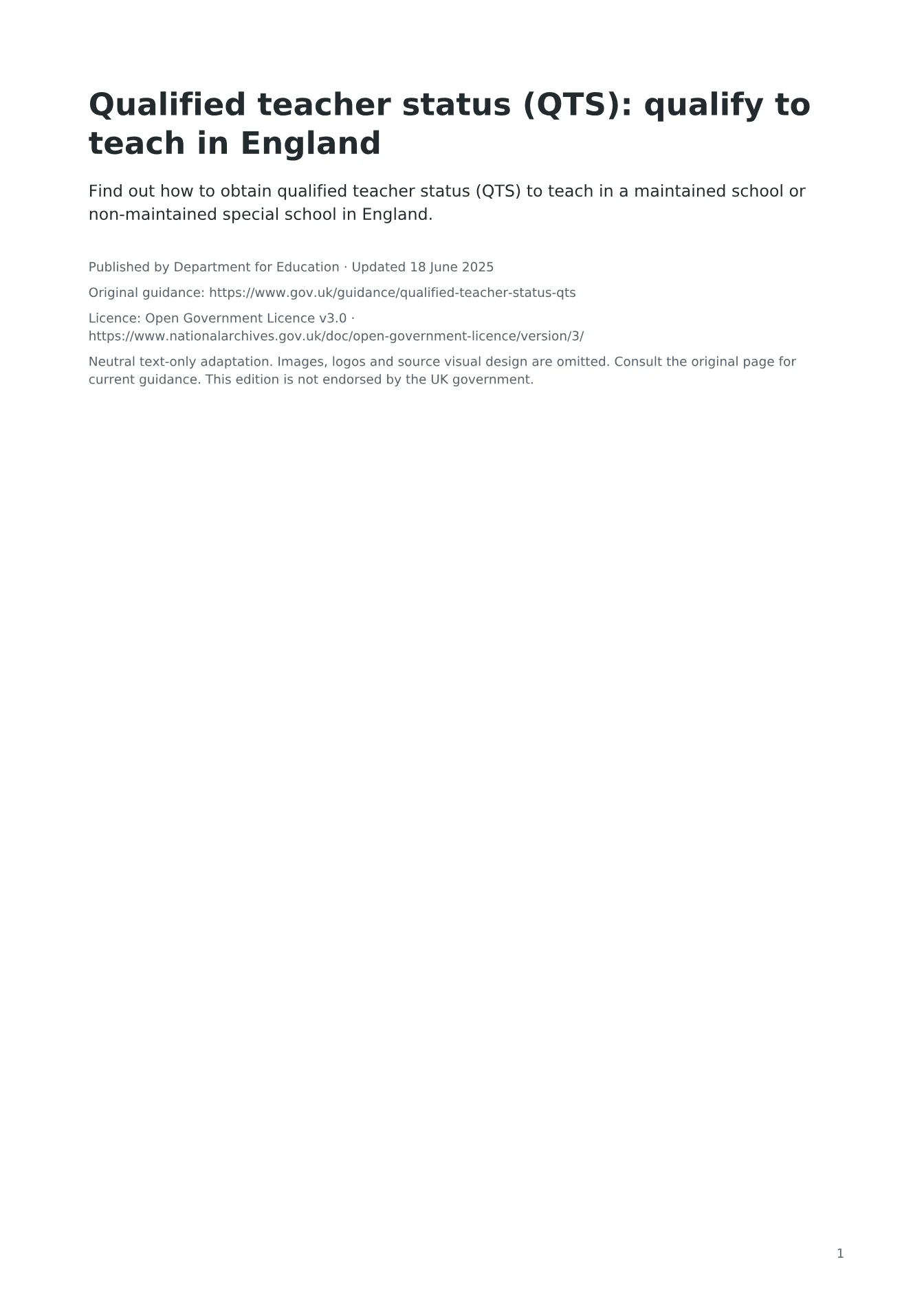 Cover of Qualified teacher status (QTS): qualify to teach in England