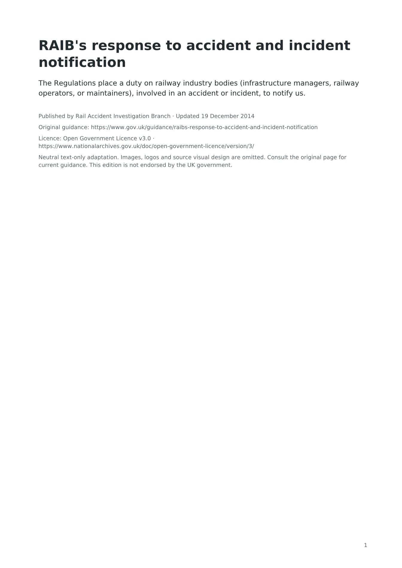 Cover of RAIB's response to accident and incident notification