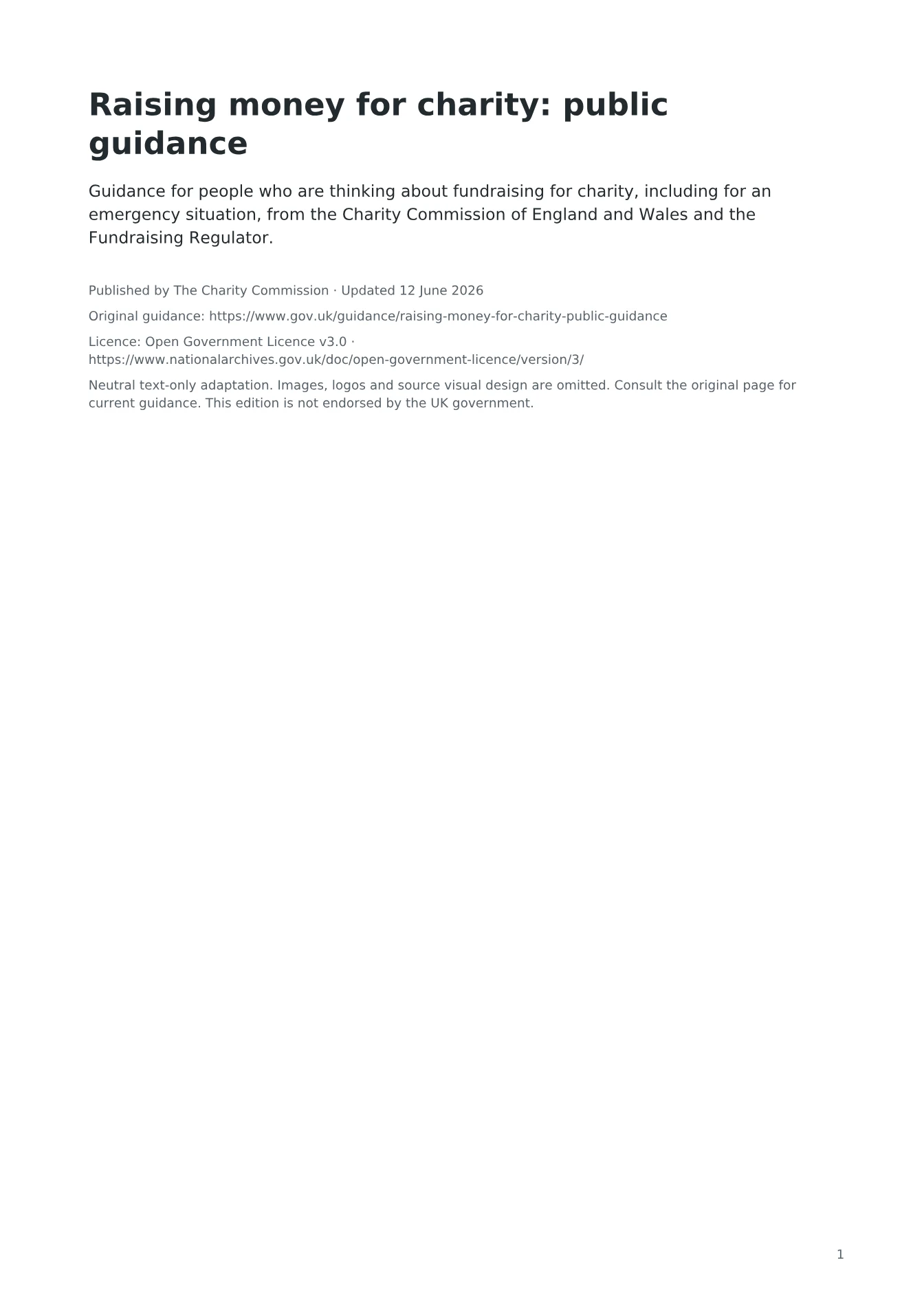Cover of Raising money for charity: public guidance