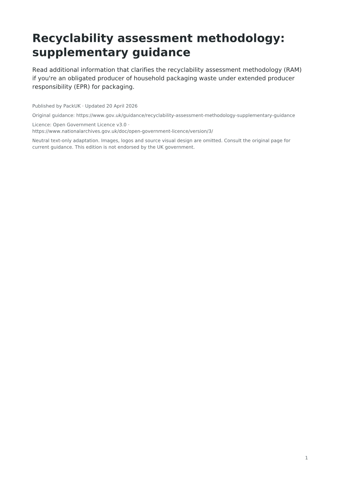 Cover of Recyclability assessment methodology: supplementary guidance