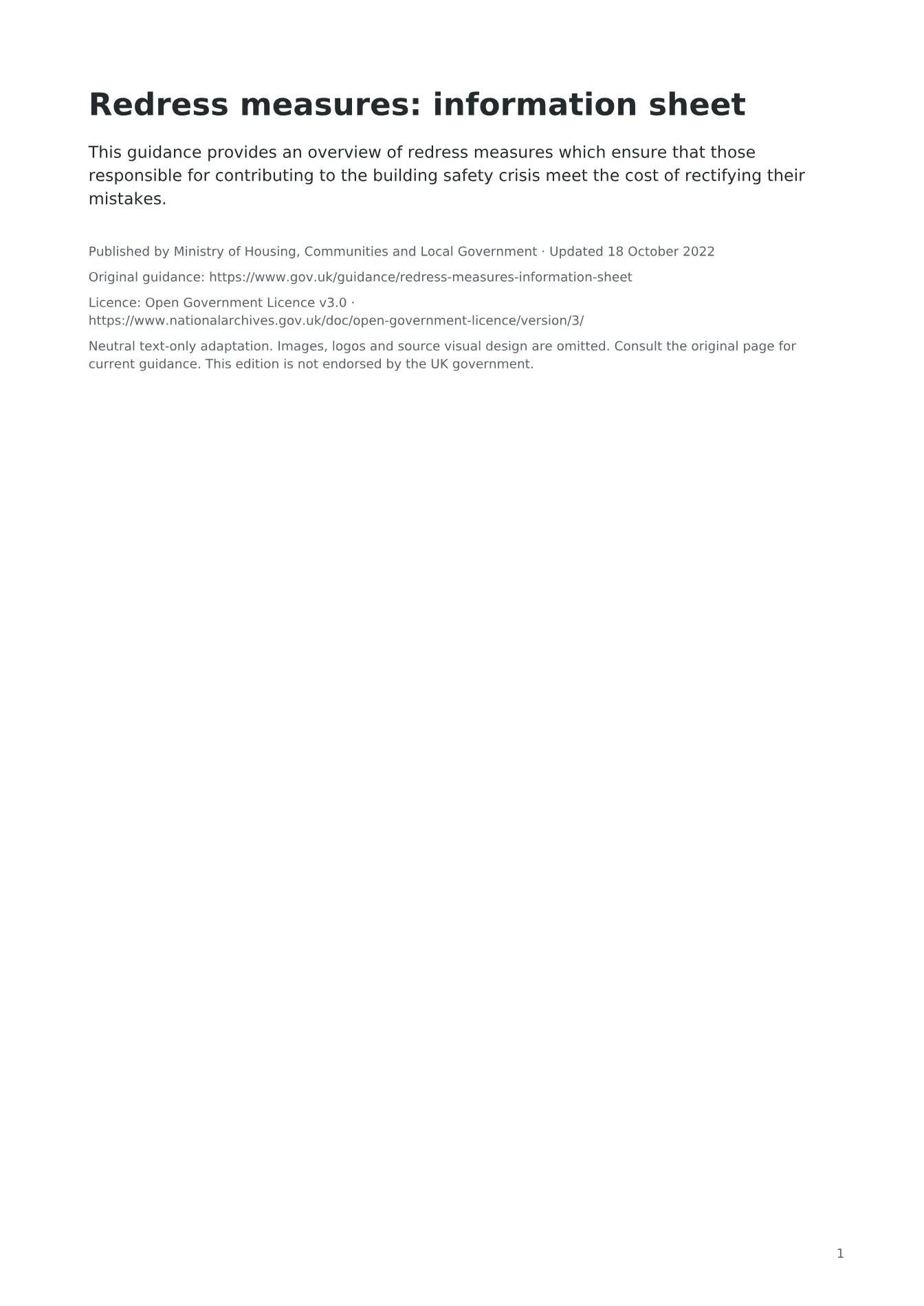 Cover of Redress measures: information sheet