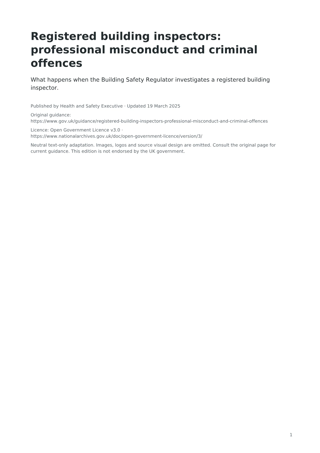Cover of Registered building inspectors: professional misconduct and criminal offences