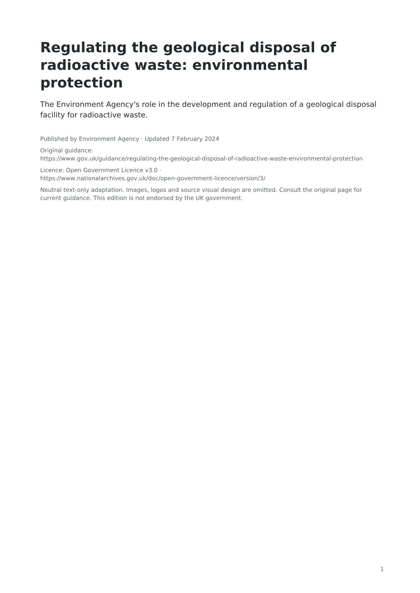 Cover of Regulating the geological disposal of radioactive waste: environmental protection