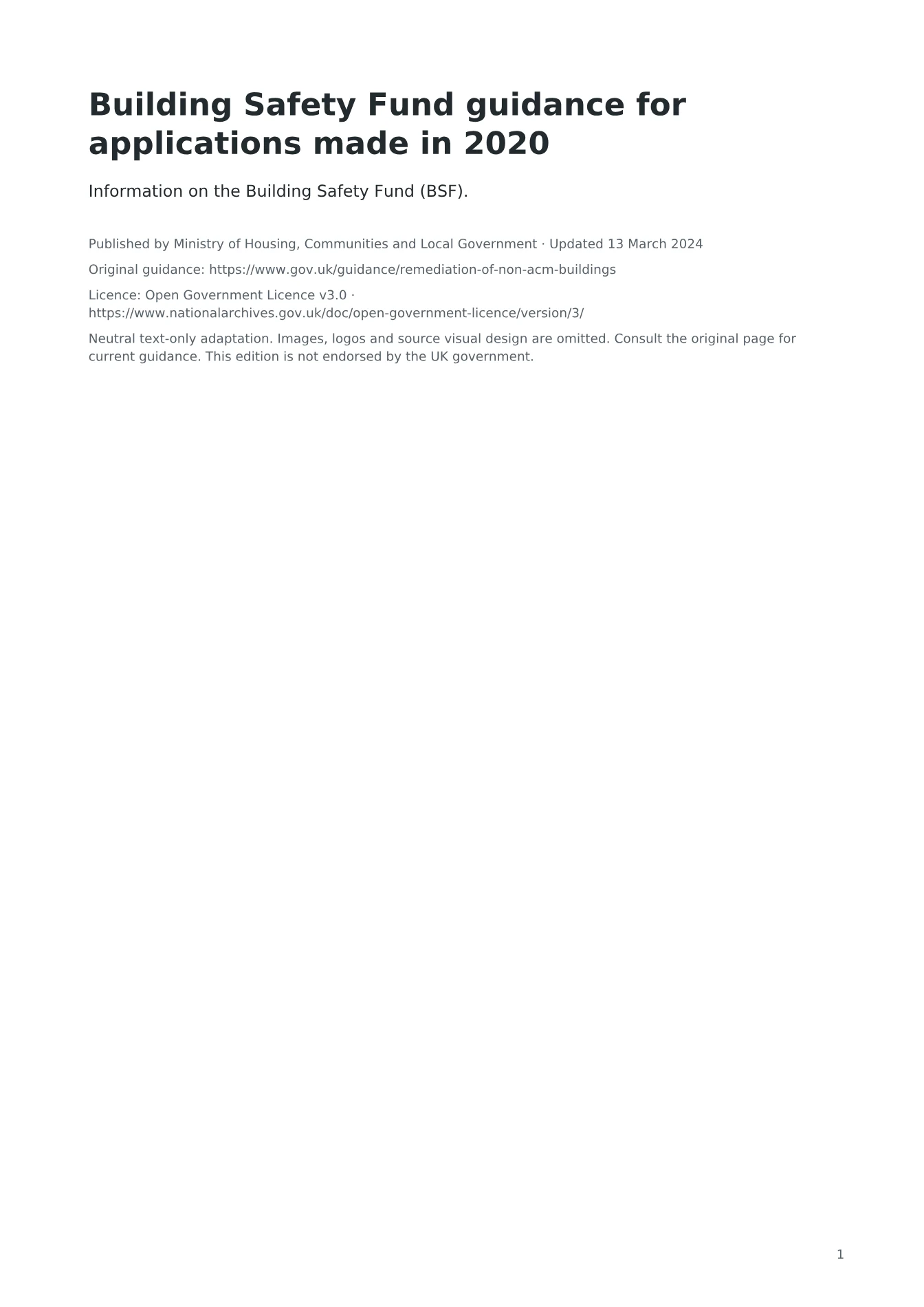 Cover of Building Safety Fund guidance for applications made in 2020
