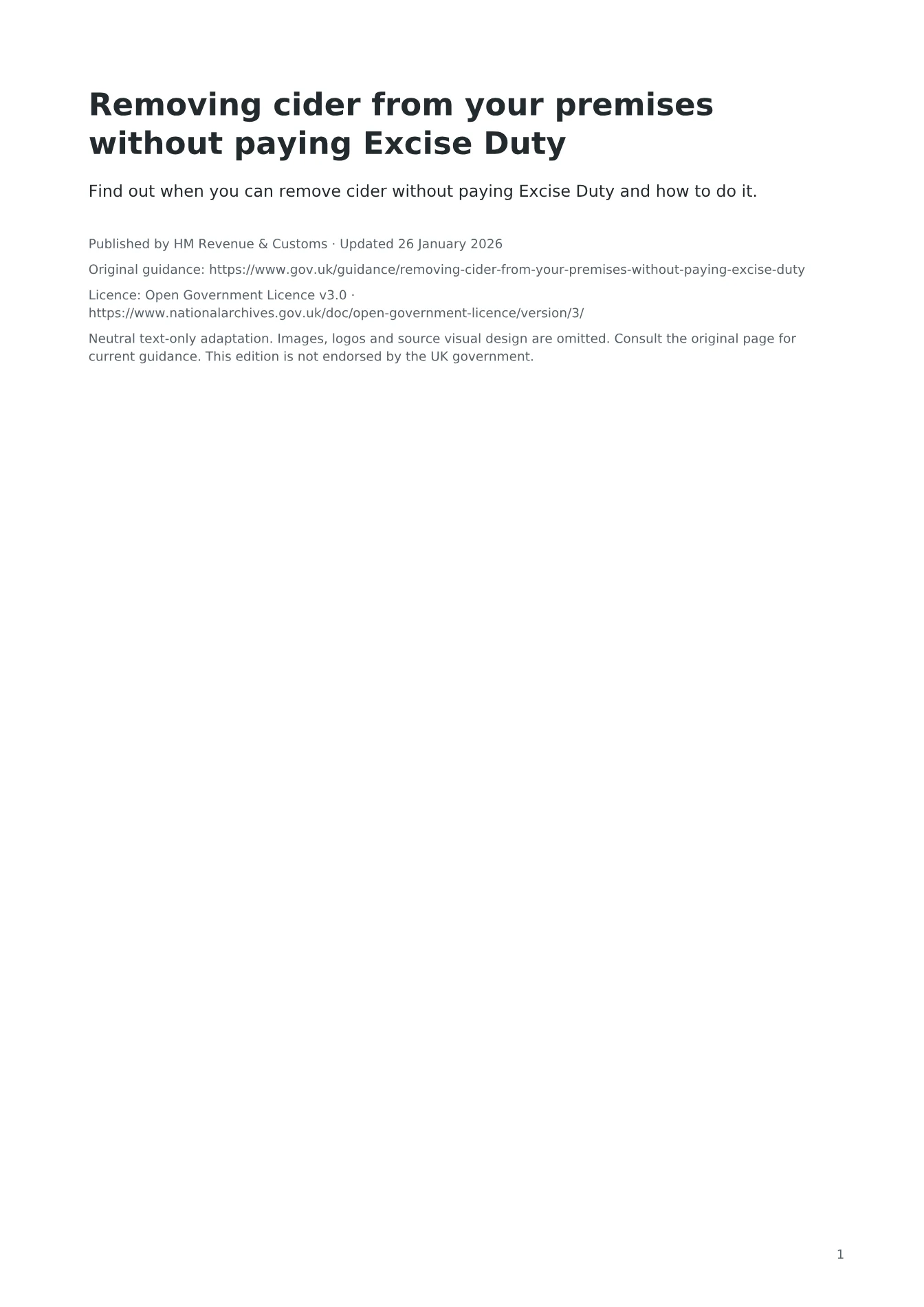 Cover of Removing cider from your premises without paying Excise Duty