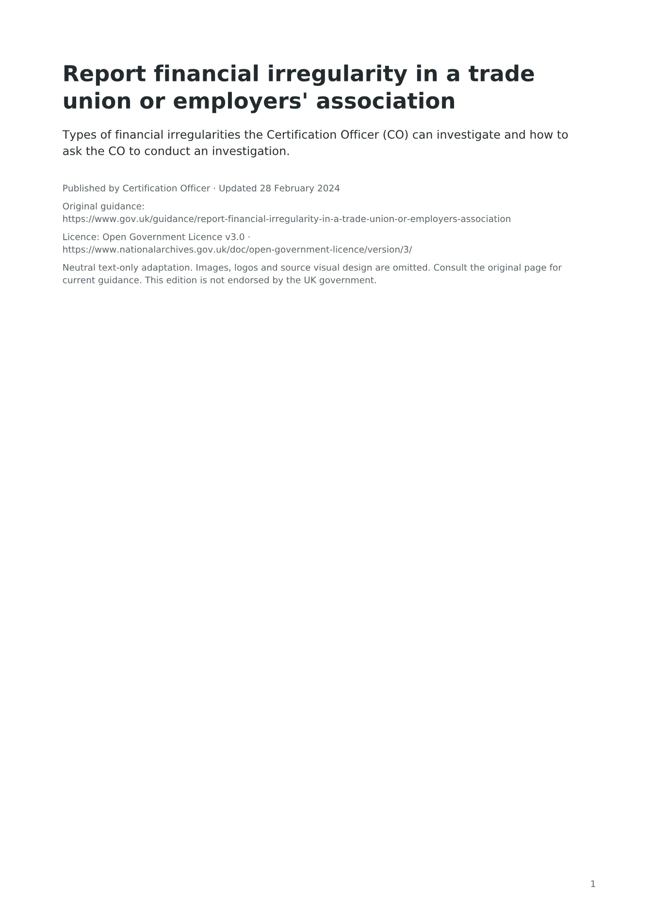 Cover of Report financial irregularity in a trade union or employers' association