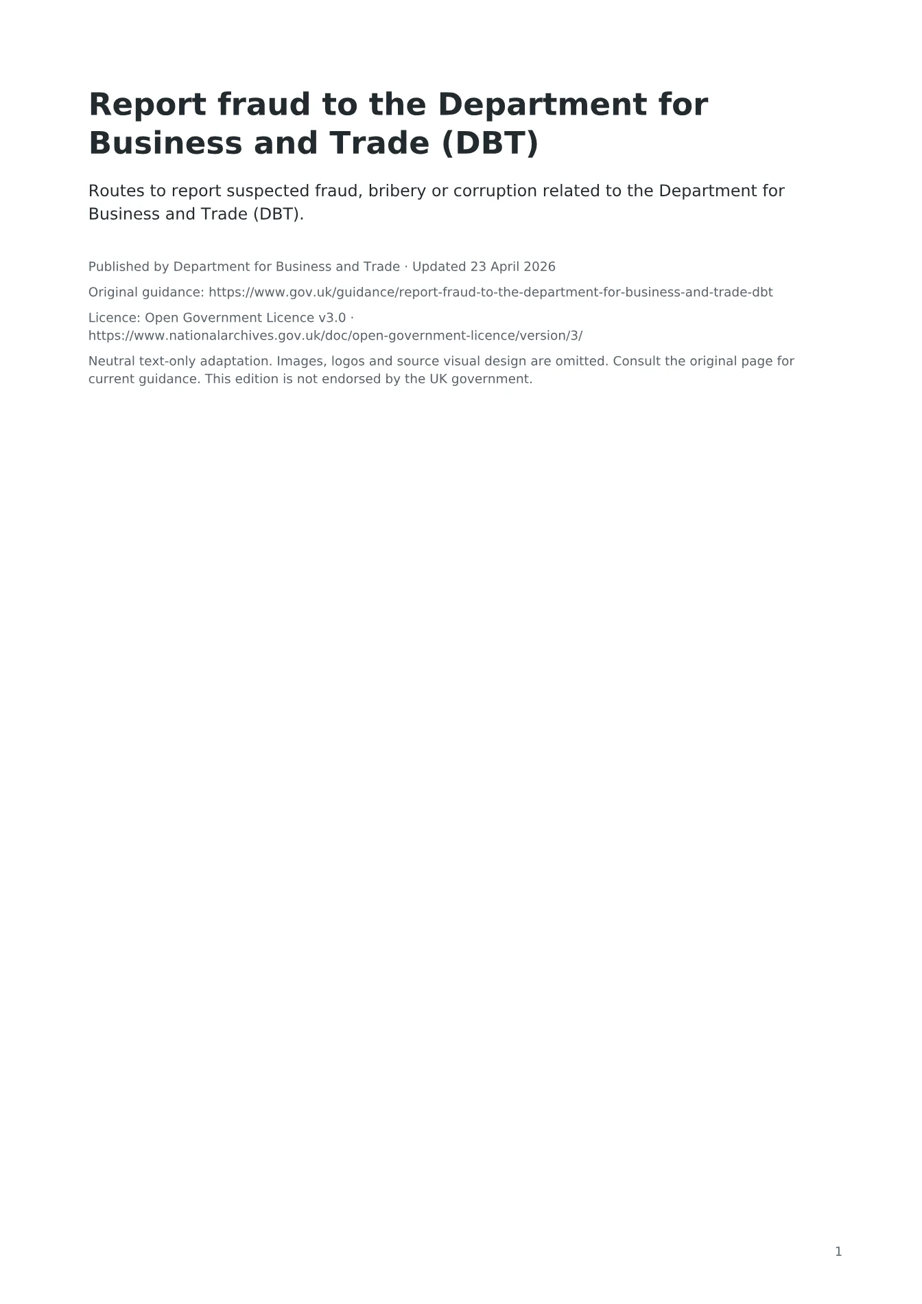 Cover of Report fraud to the Department for Business and Trade (DBT)