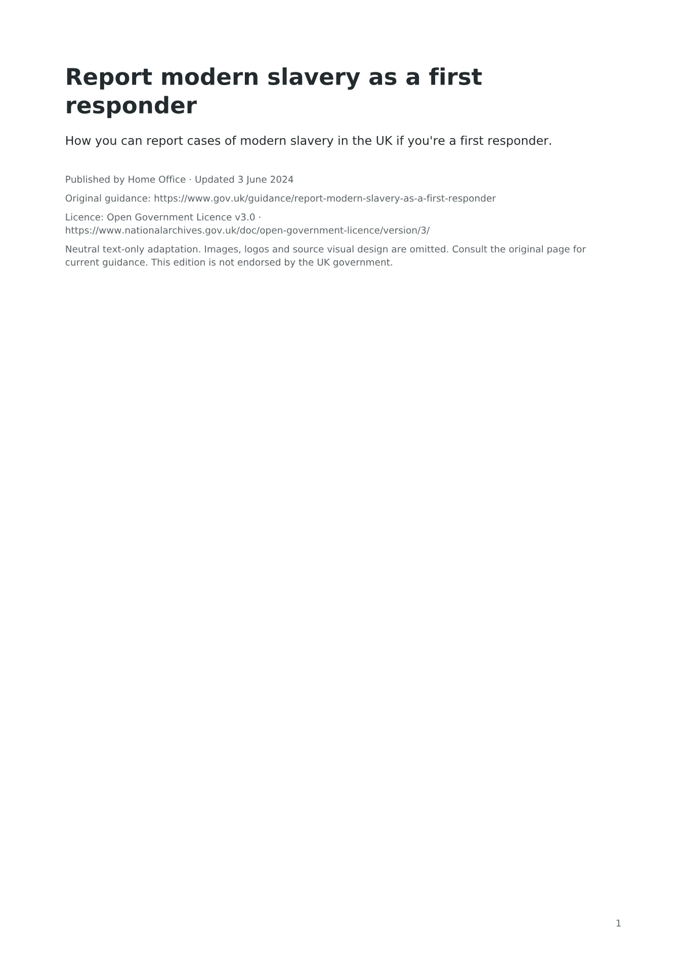 Cover of Report modern slavery as a first responder