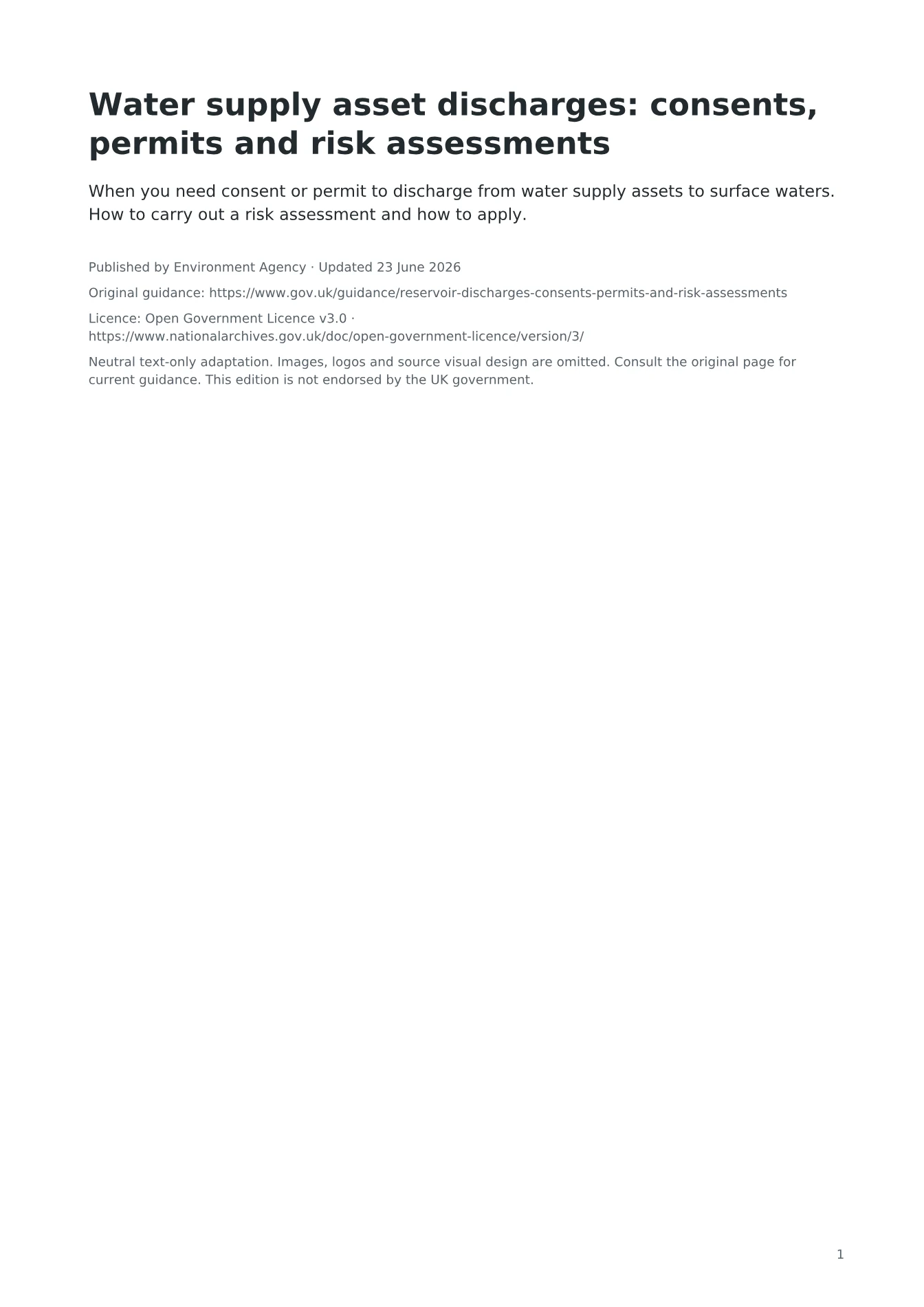 Cover of Water supply asset discharges: consents, permits and risk assessments