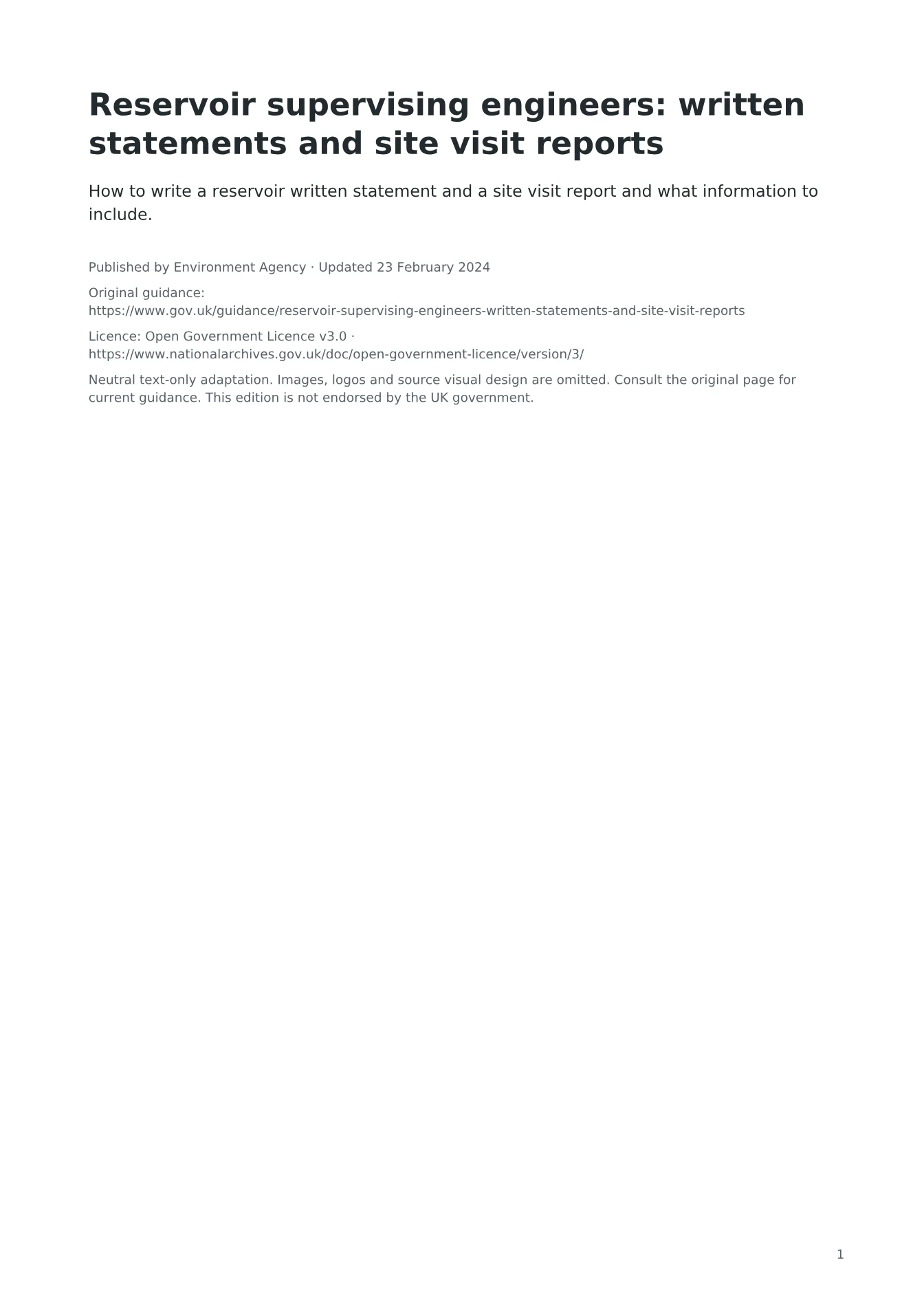 Cover of Reservoir supervising engineers: written statements and site visit reports