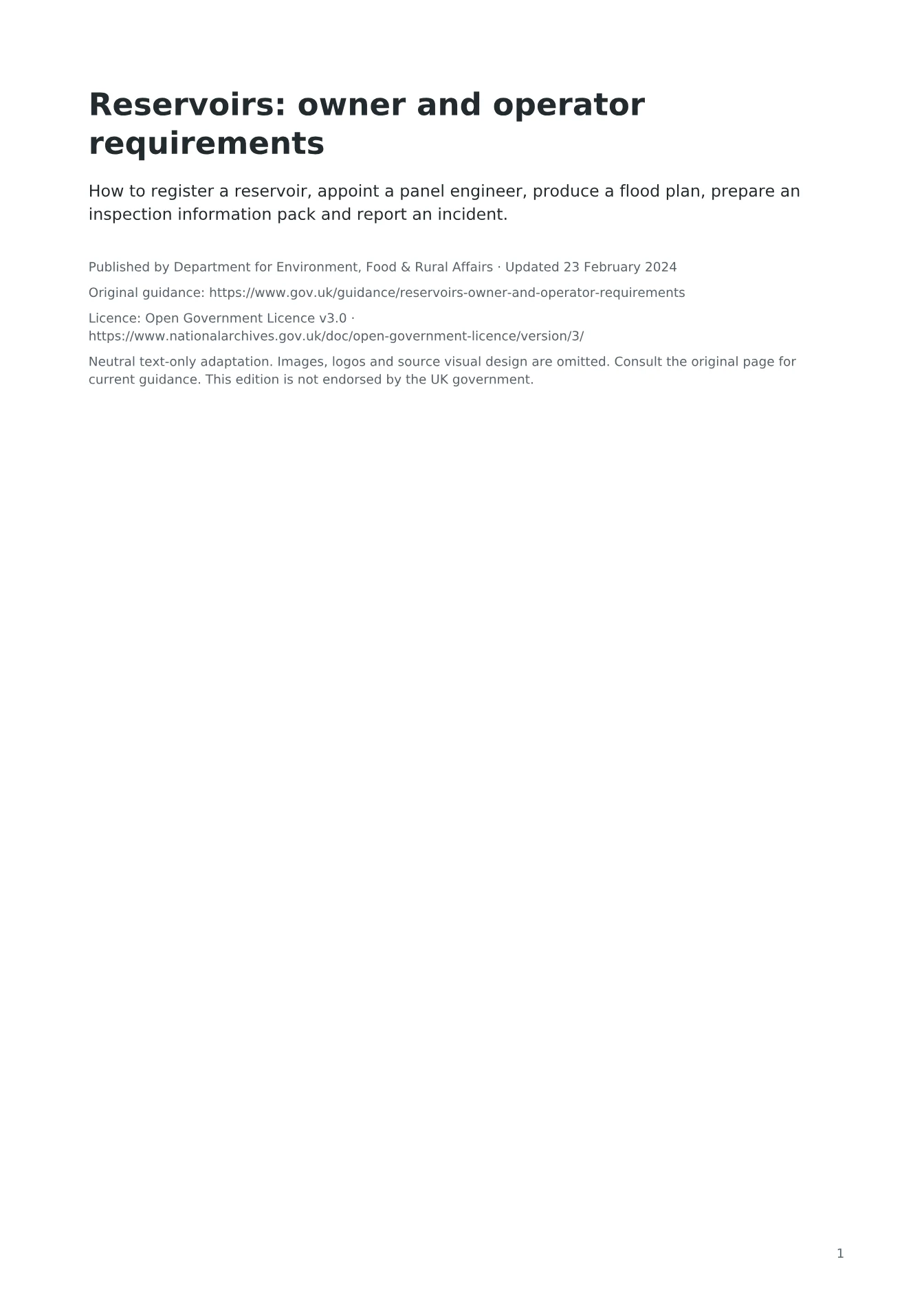 Cover of Reservoirs: owner and operator requirements
