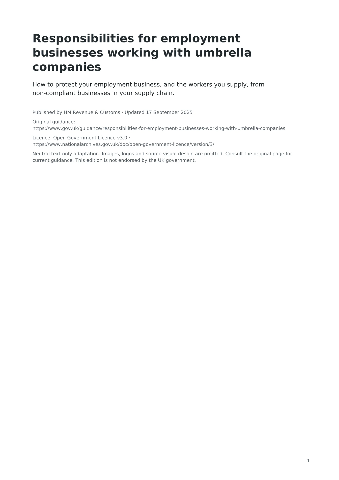 Cover of Responsibilities for employment businesses working with umbrella companies