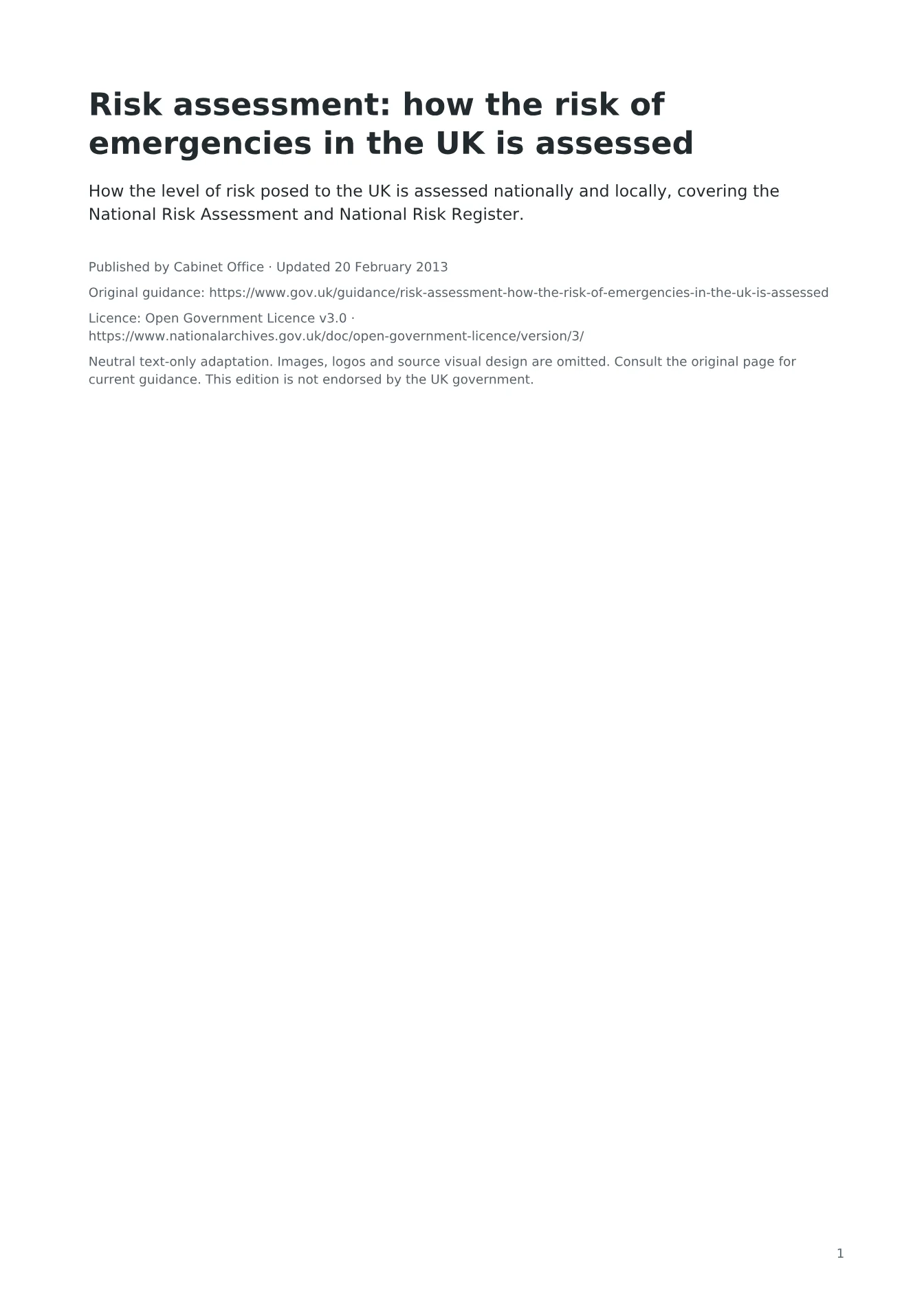 Cover of Risk assessment: how the risk of emergencies in the UK is assessed