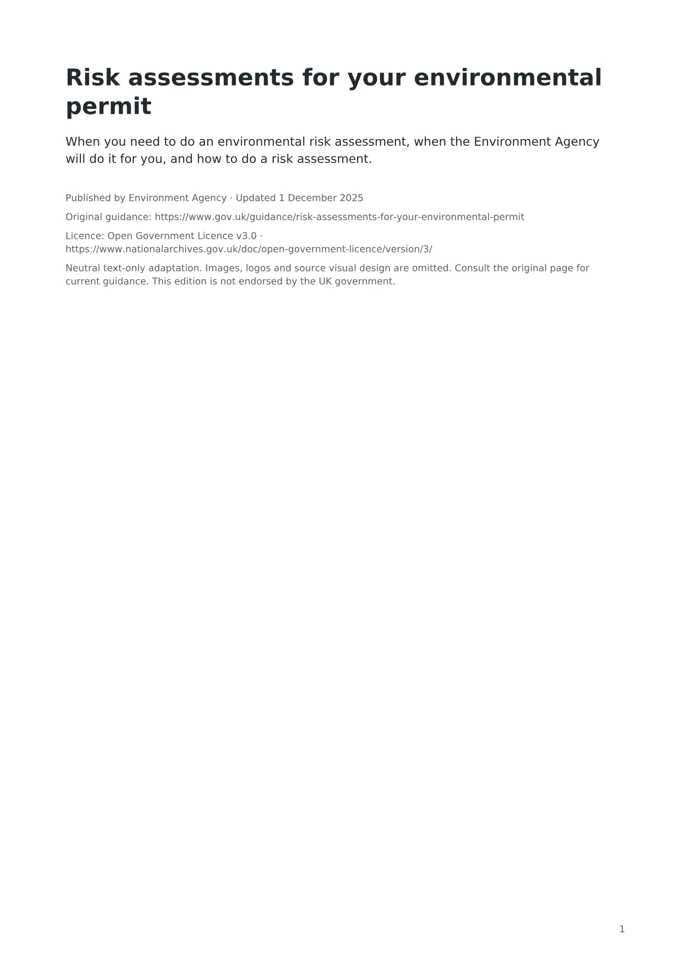 Cover of Risk assessments for your environmental permit