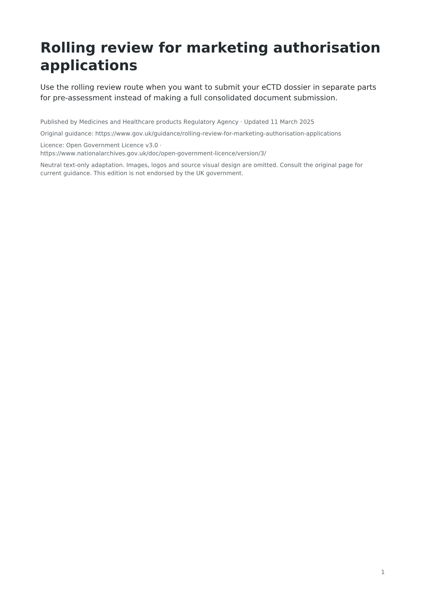 Cover of Rolling review for marketing authorisation applications