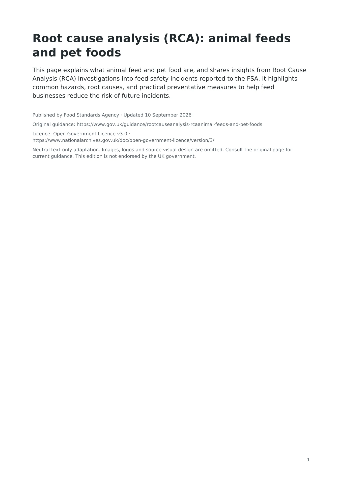 Cover of Root cause analysis (RCA): animal feeds and pet foods