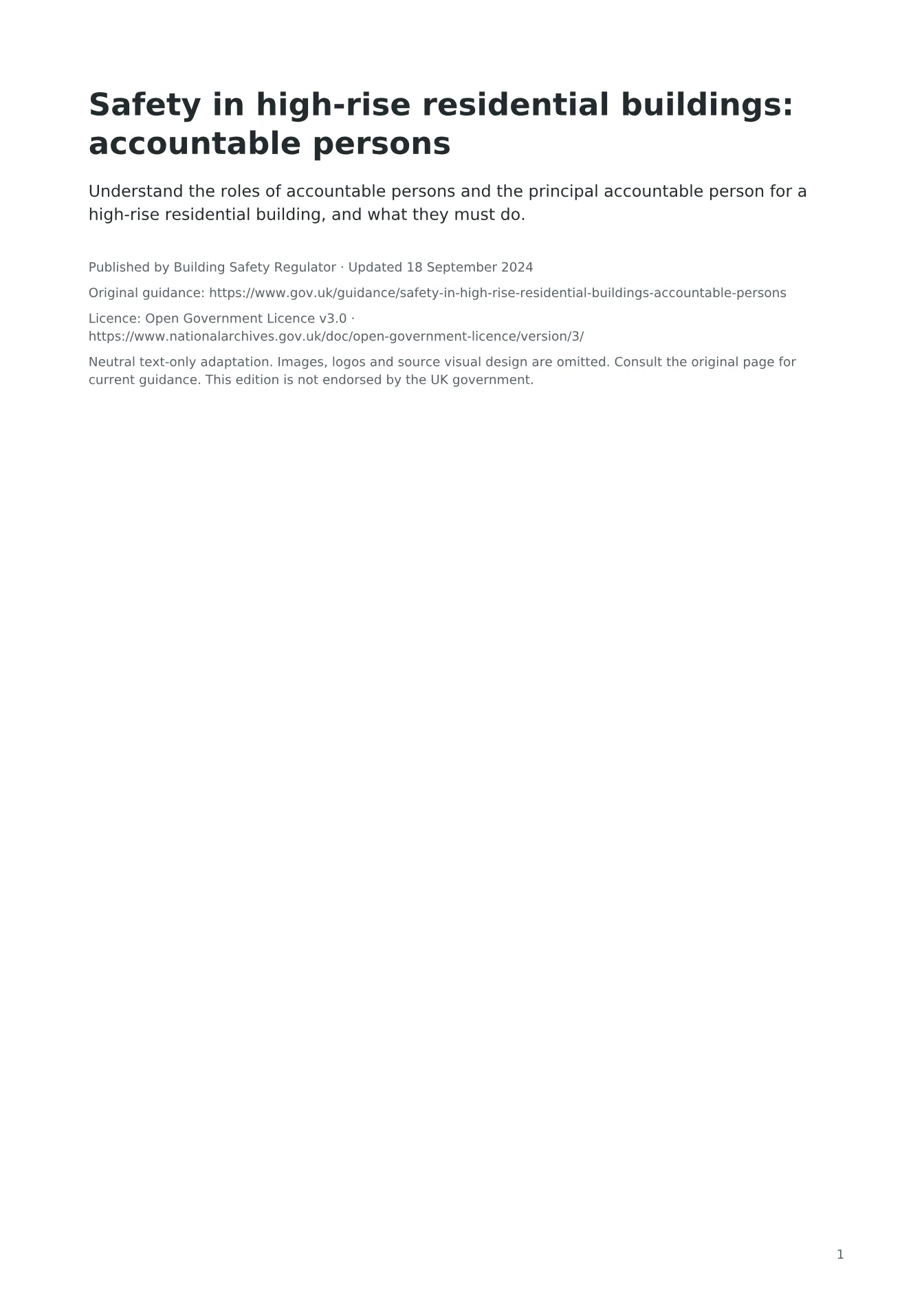 Cover of Safety in high-rise residential buildings: accountable persons
