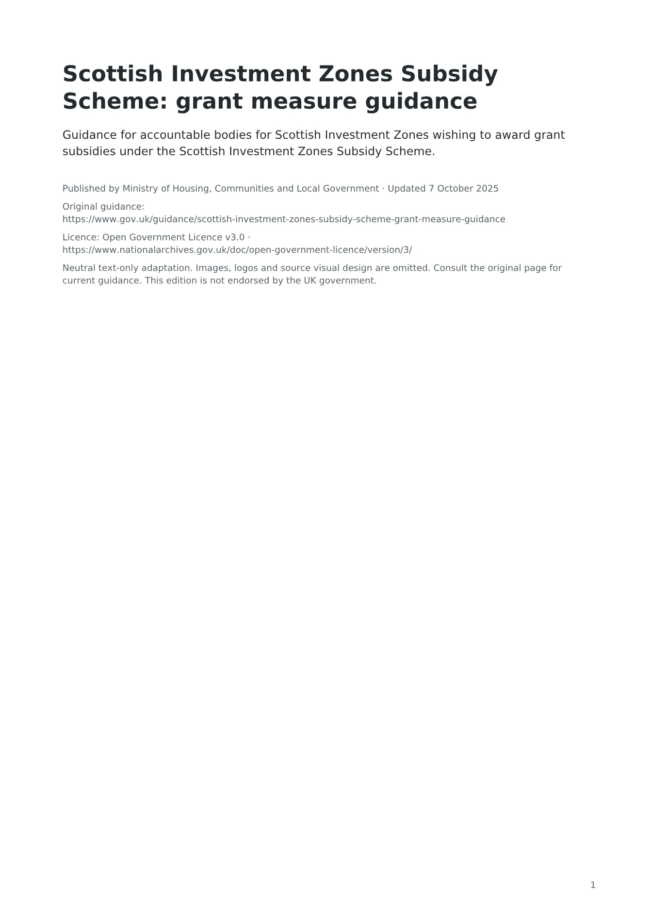 Cover of Scottish Investment Zones Subsidy Scheme: grant measure guidance
