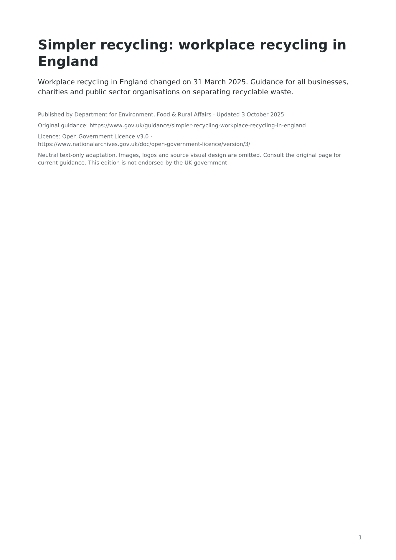 Cover of Simpler recycling: workplace recycling in England