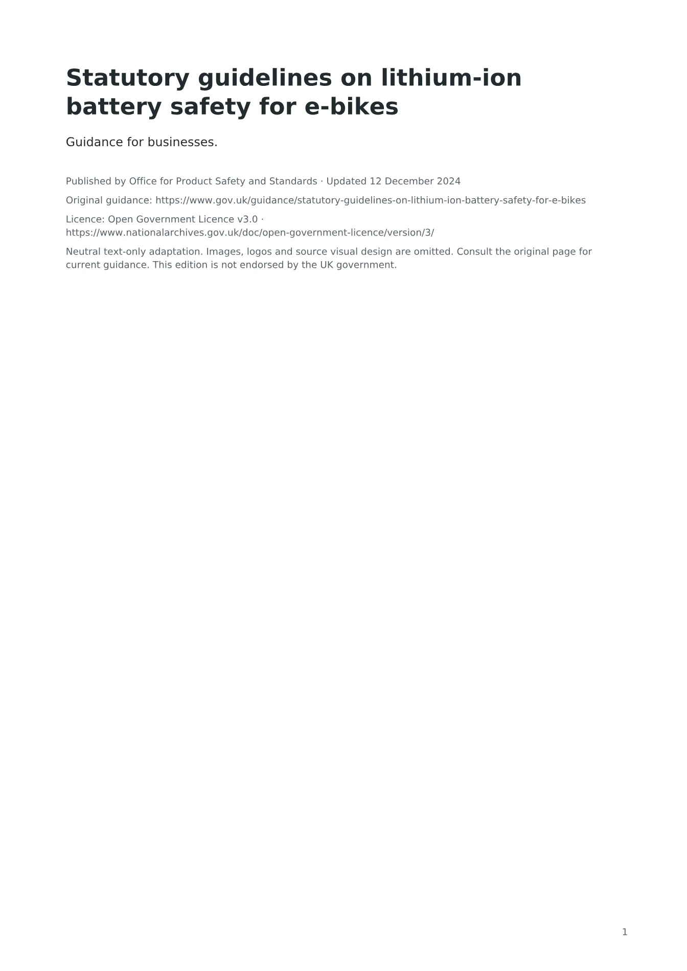 Cover of Statutory guidelines on lithium-ion battery safety for e-bikes