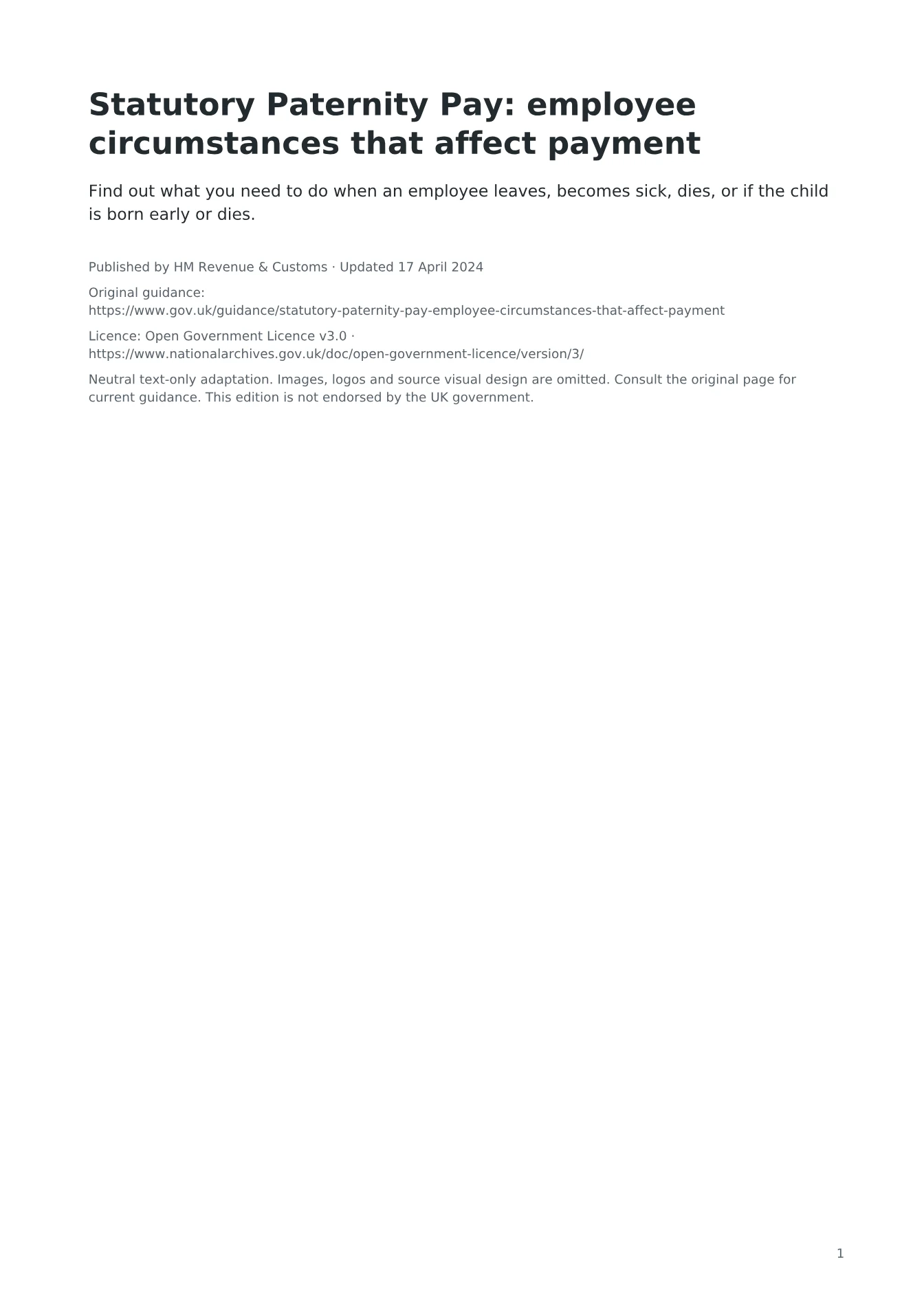 Cover of Statutory Paternity Pay: employee circumstances that affect payment
