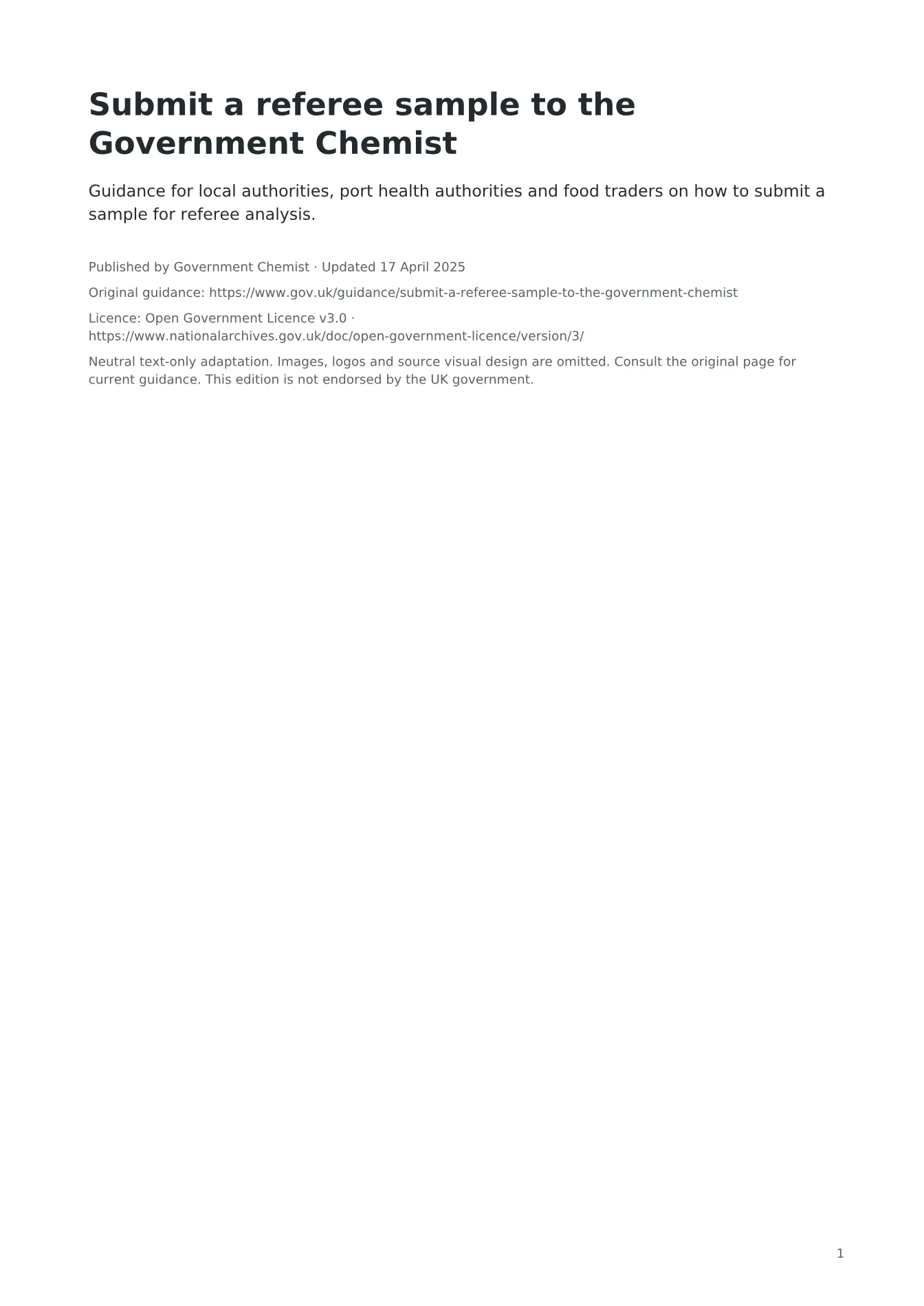 Cover of Submit a referee sample to the Government Chemist