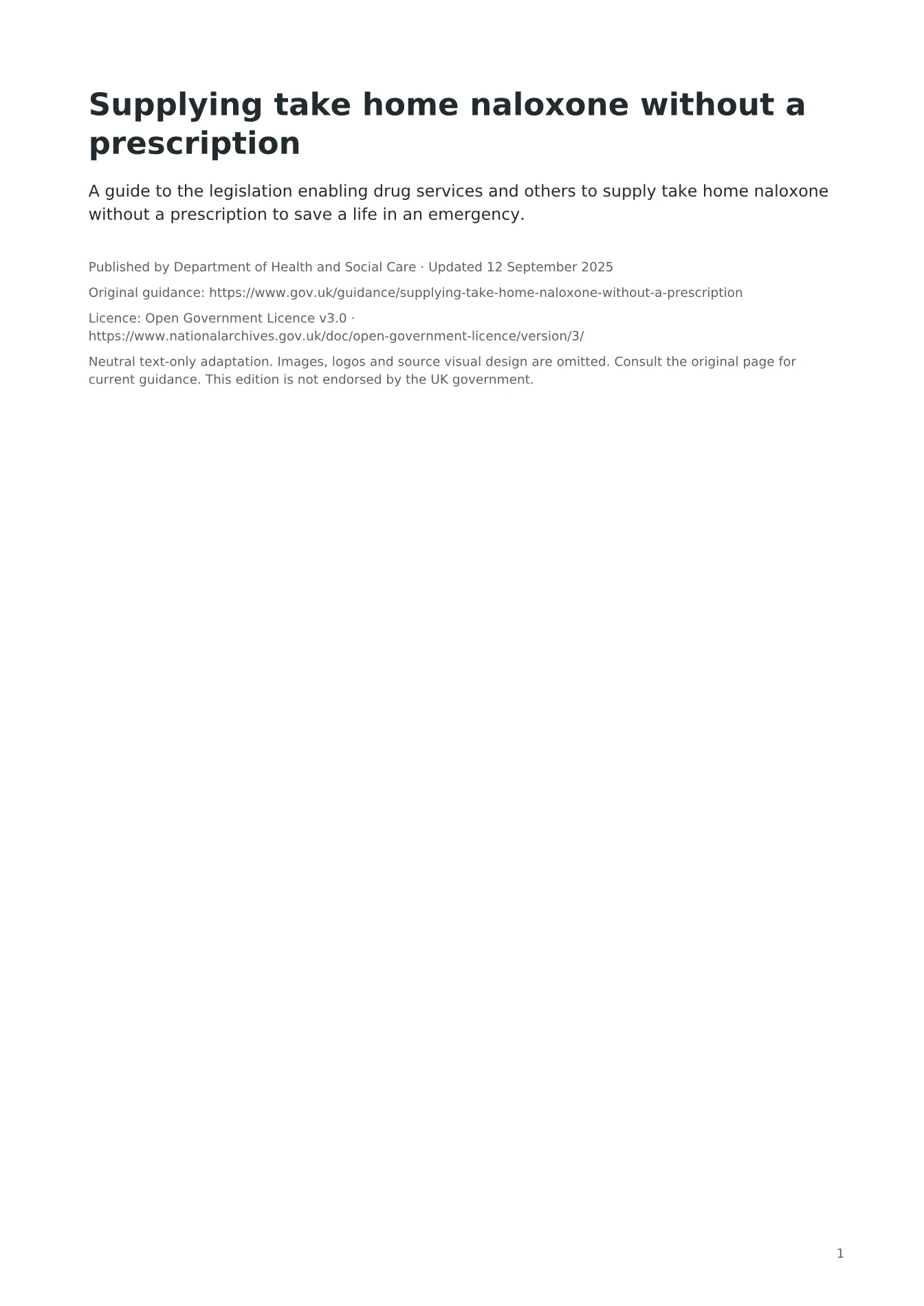 Cover of Supplying take home naloxone without a prescription