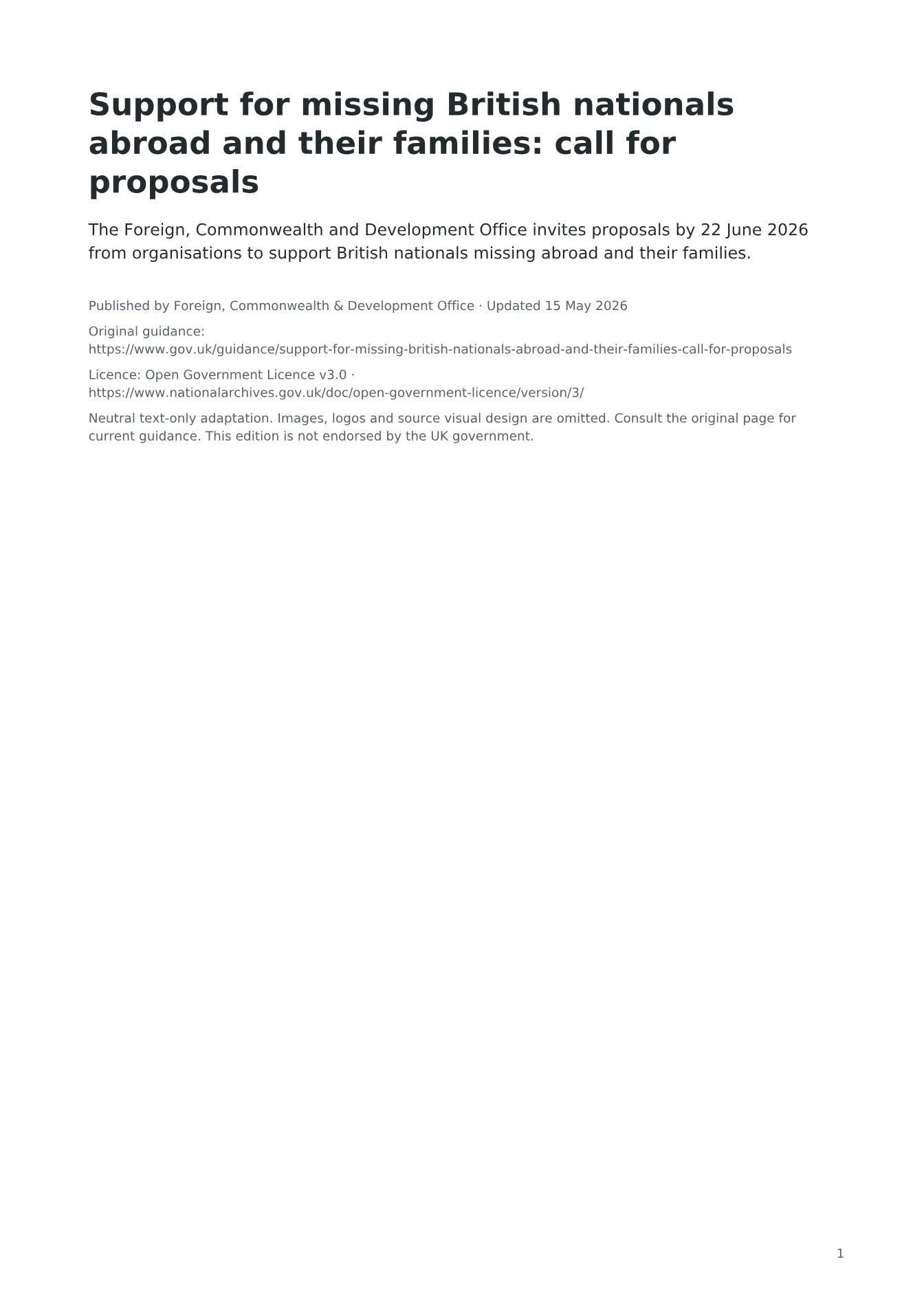 Cover of Support for missing British nationals abroad and their families: call for proposals