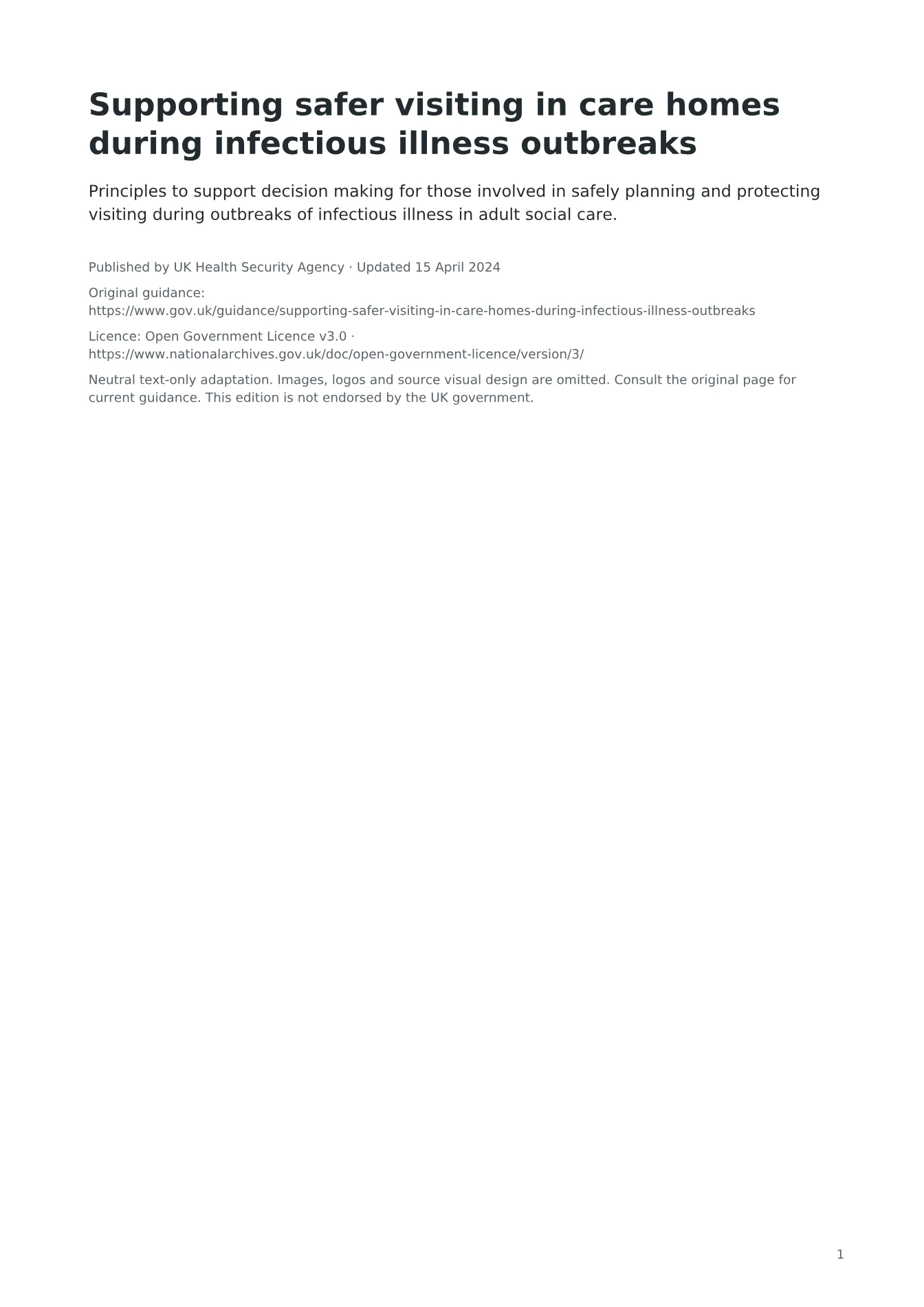 Cover of Supporting safer visiting in care homes during infectious illness outbreaks