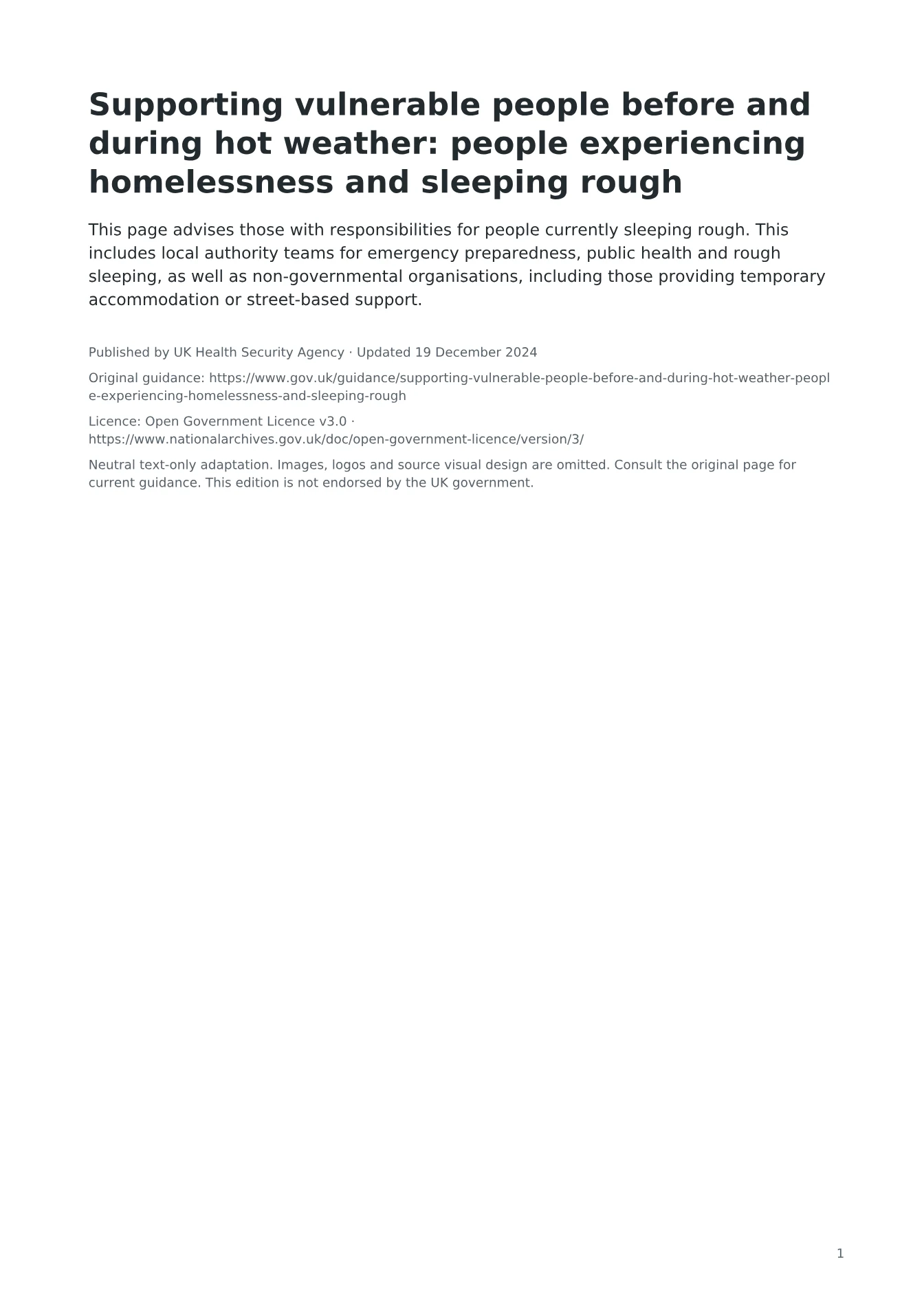 Cover of Supporting vulnerable people before and during hot weather: people experiencing homelessness and sleeping rough