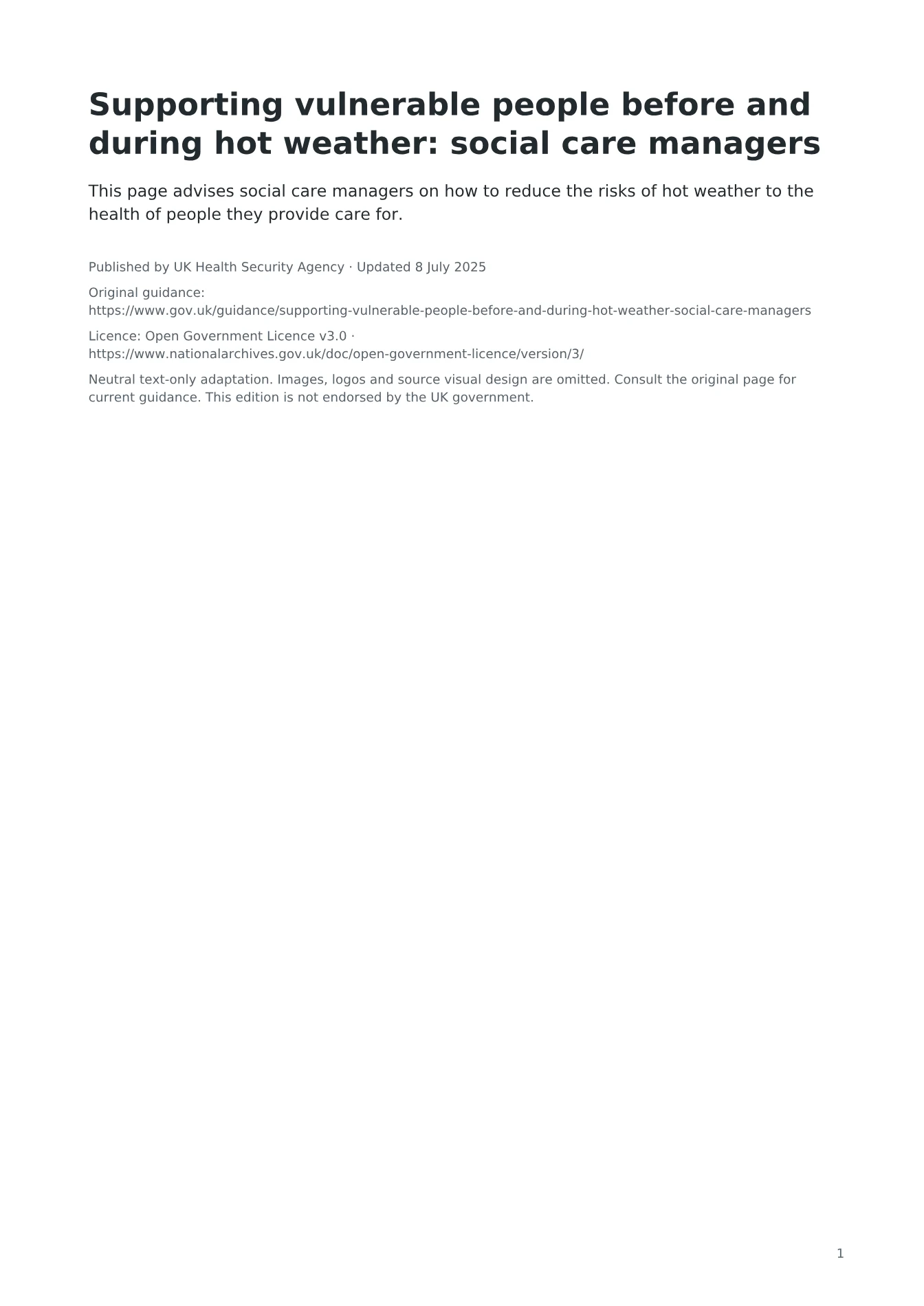 Cover of Supporting vulnerable people before and during hot weather: social care managers