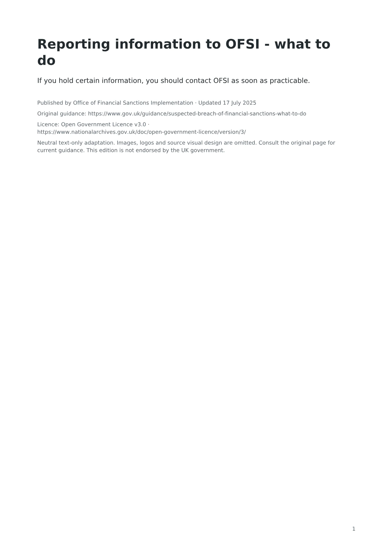 Cover of Reporting information to OFSI - what to do