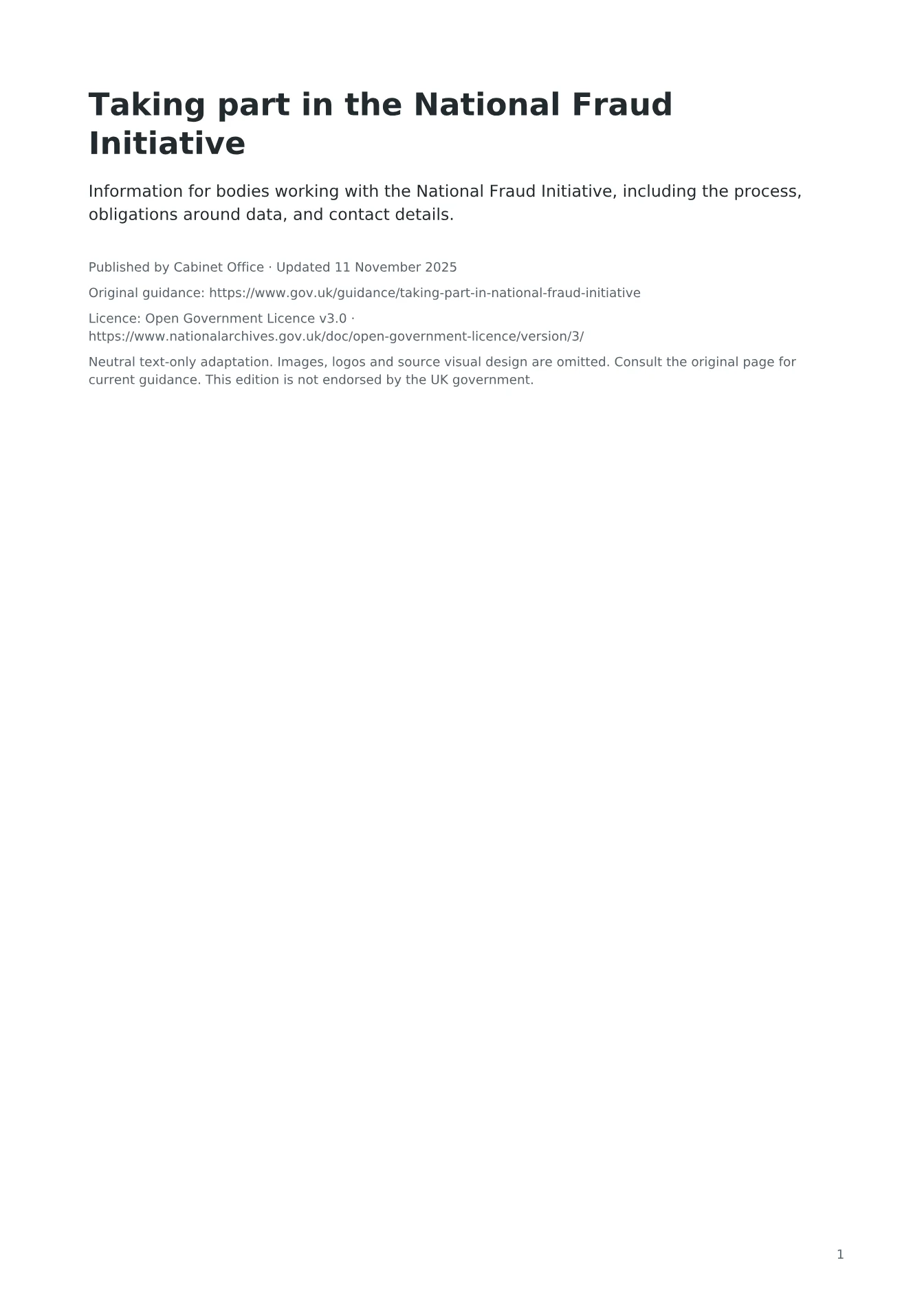 Cover of Taking part in the National Fraud Initiative